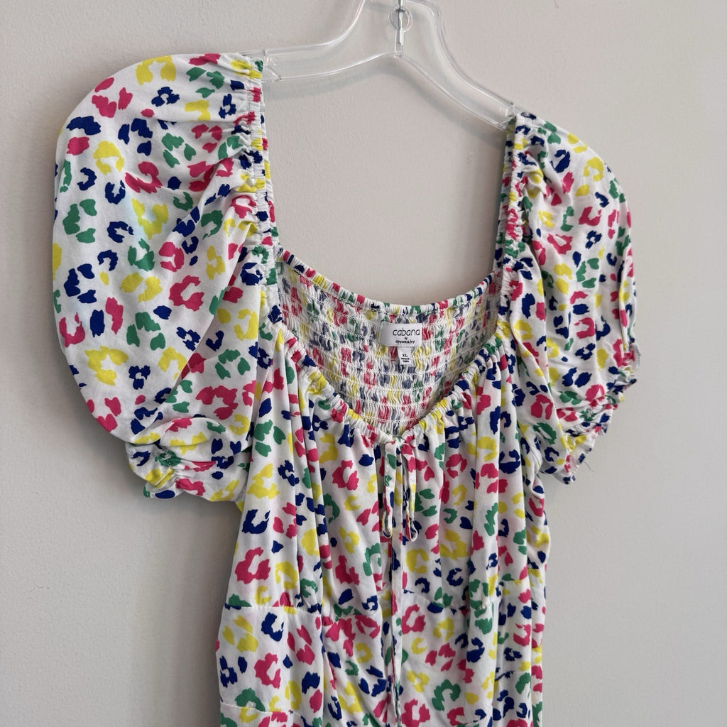 Cabana by Crown & Ivy XL Smocked Dress Leopard Puff Sleeve Boho  Women’s