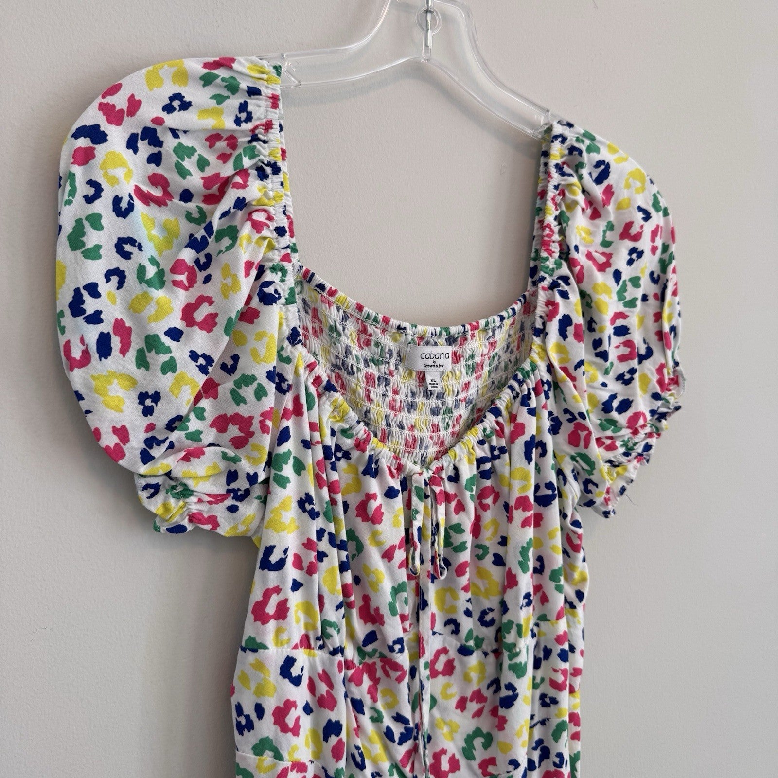 Cabana by Crown & Ivy XL Smocked Dress Leopard Puff Sleeve Boho  Women’s