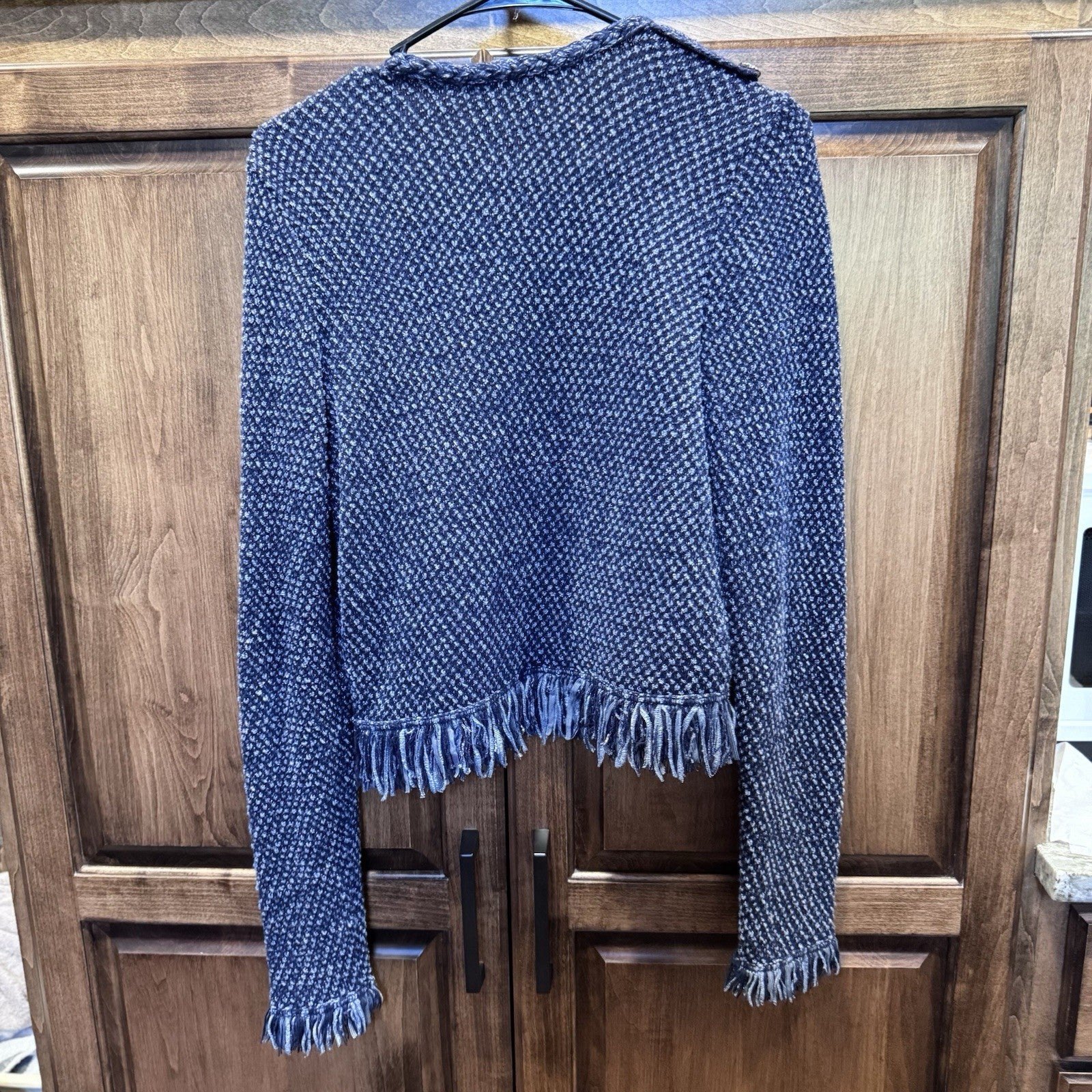 White House Black Market Women’s Fringe Tweed Knit Jacket Small Blue Open Front
