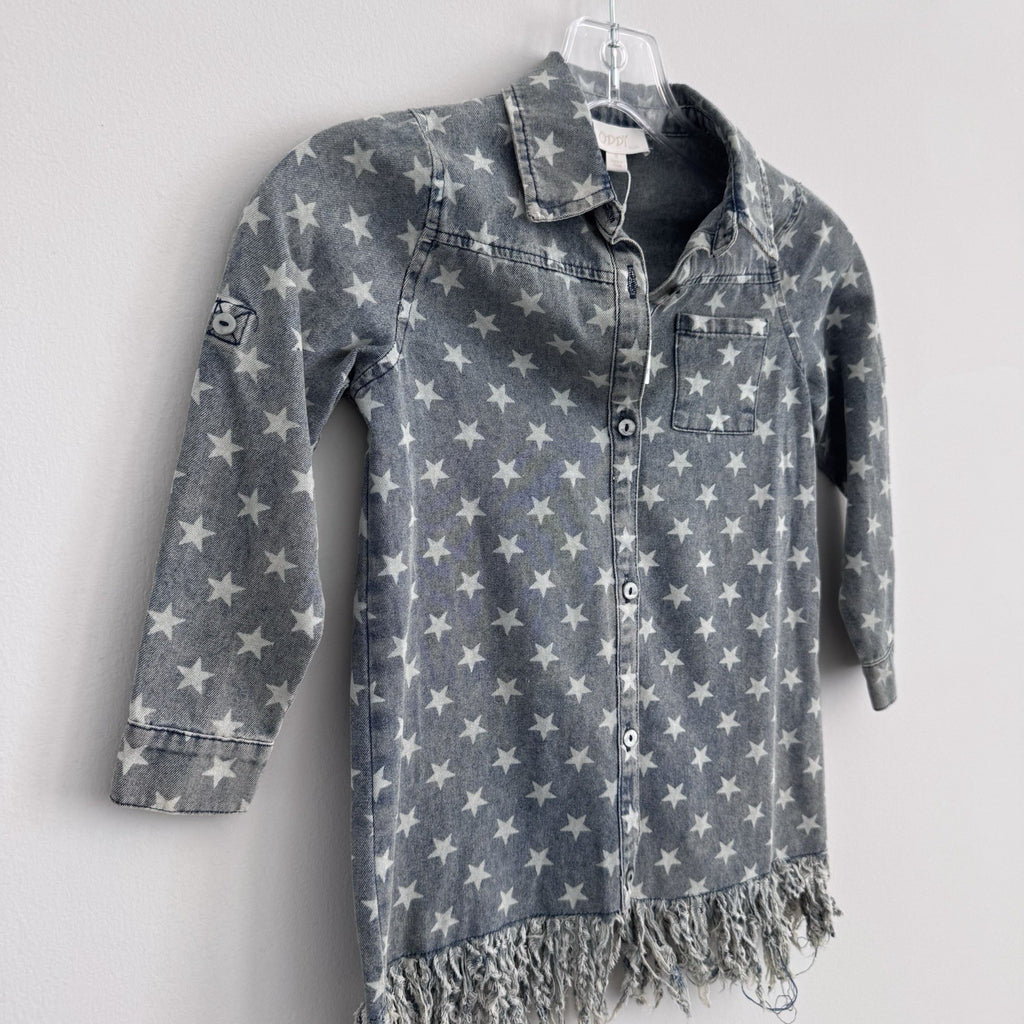 ODDI Kids Star Print Denim Dress Small Fringe Hem Button Front NWT