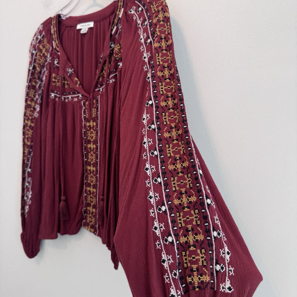 American Eagle Peasant Blouse Womens S Burgundy Embroidered Boho Hippie Casual