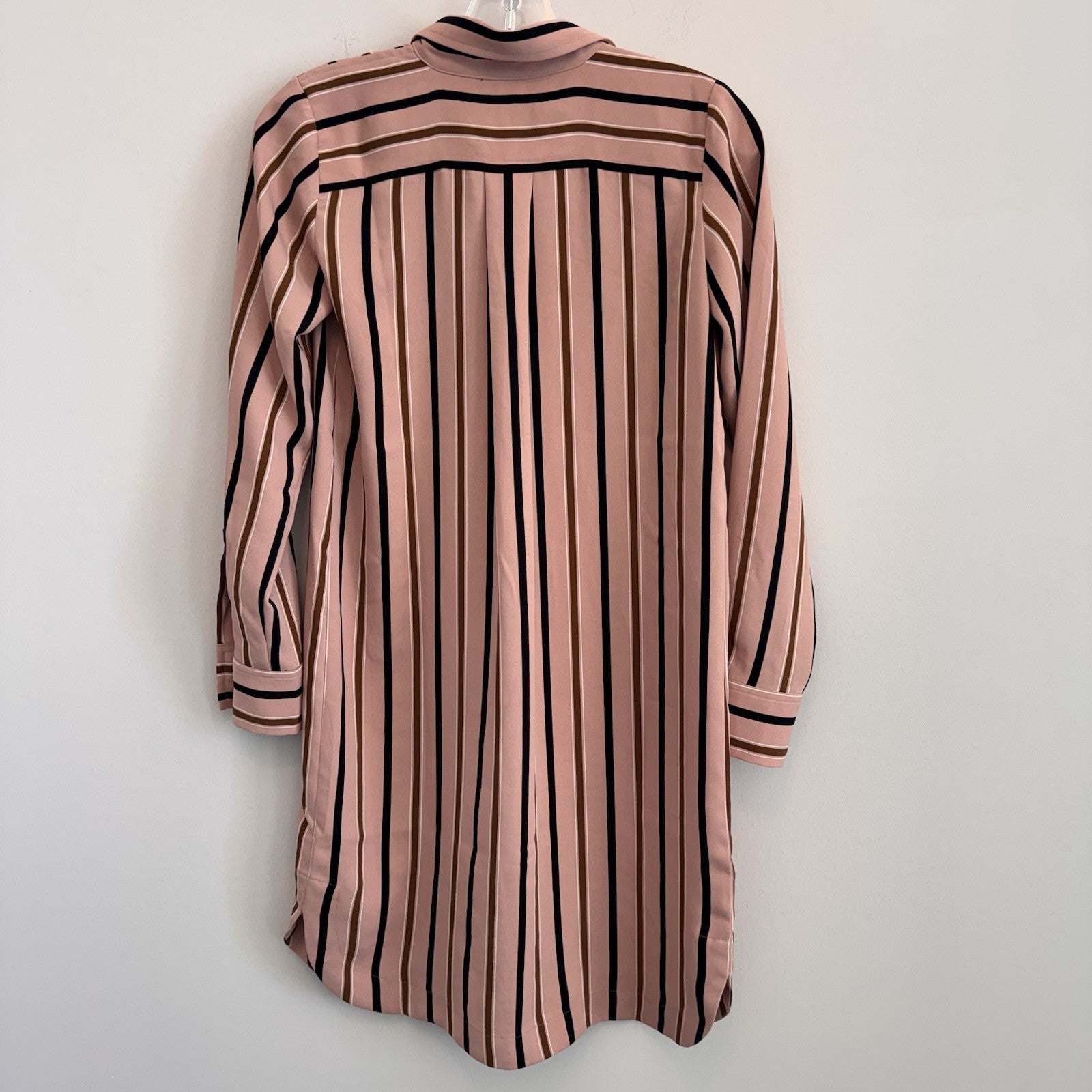 Ann Taylor Petite XXSP Shirtdress Pink Black Brown Striped Long Sleeve Button
