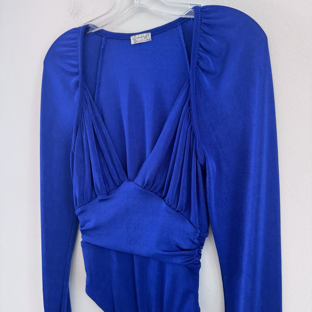 Free People Intimately Blue Long Sleeve Bodysuit Deep V Ruched Sz XS