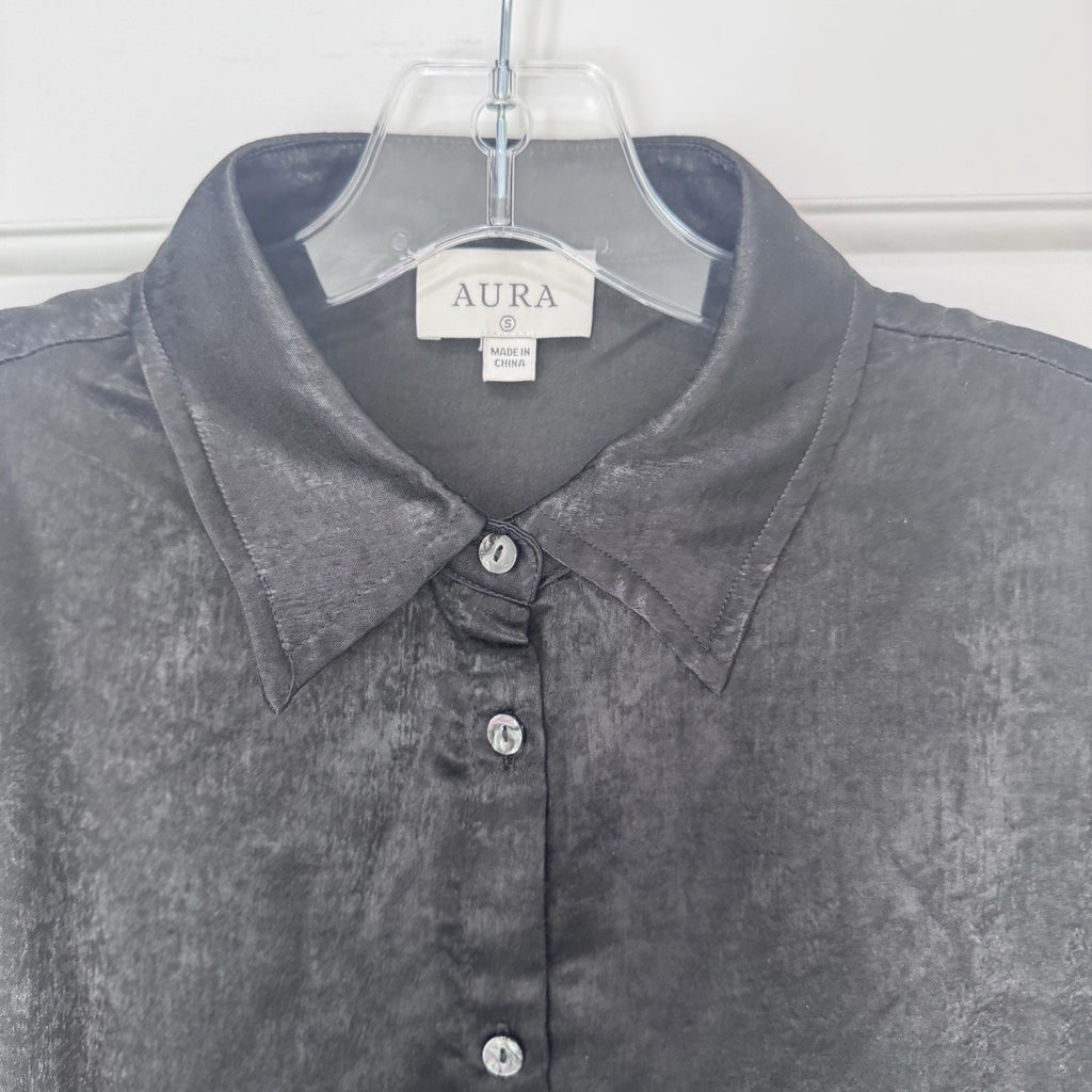 NWT Aura by Red Dress Boutique Black Satin Button Front Blouse Size S