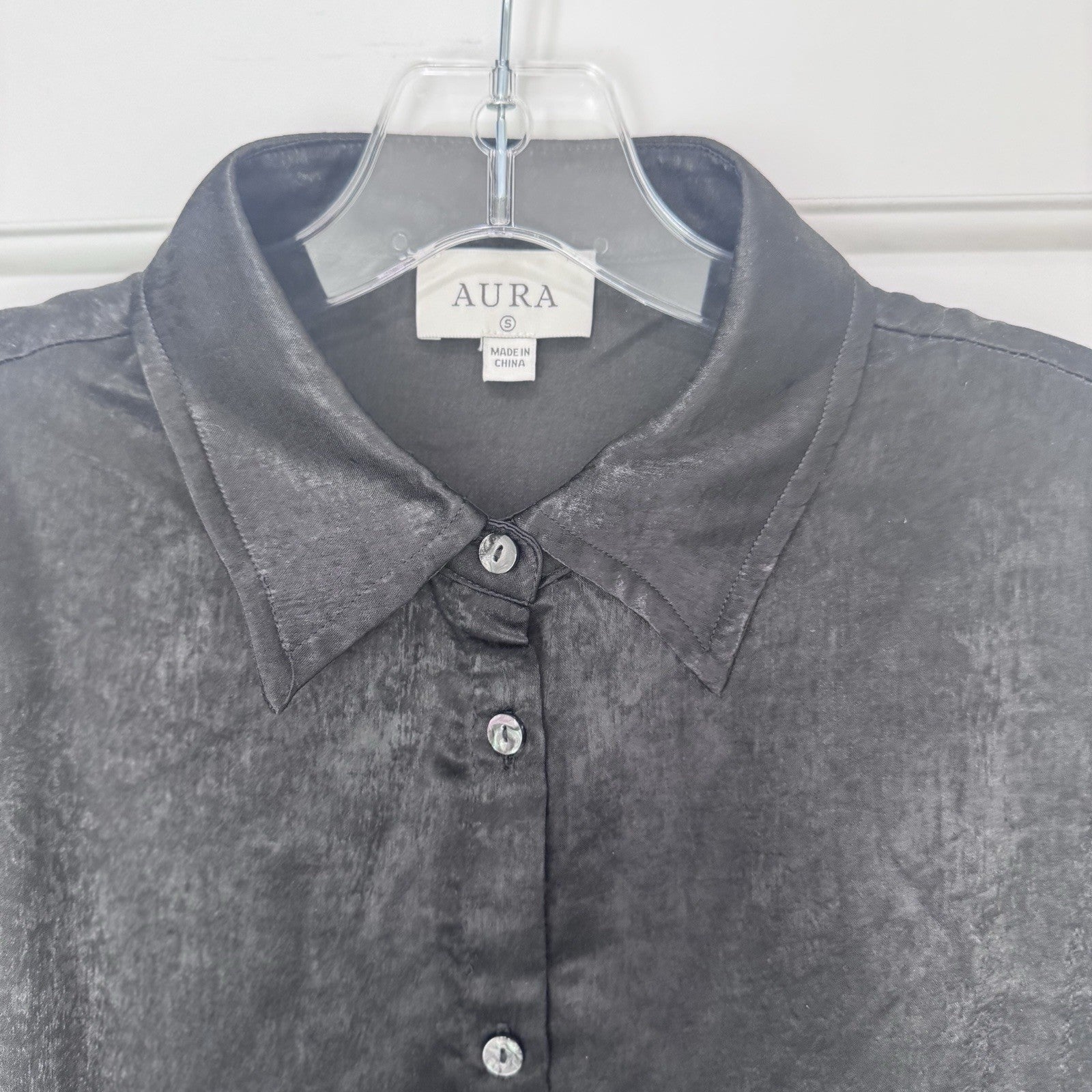 NWT Aura by Red Dress Boutique Black Satin Button Front Blouse Size S