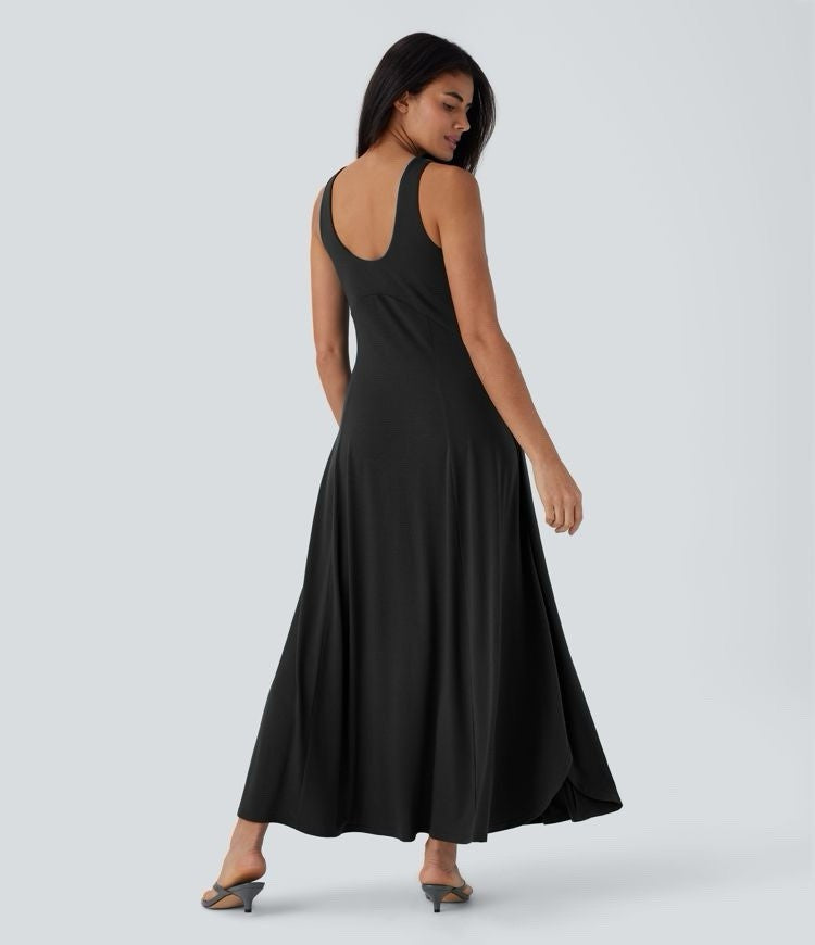 Halara Women's Medium Black U-Neck Flowy Maxi Tank Dress Side Slits Sleeveless