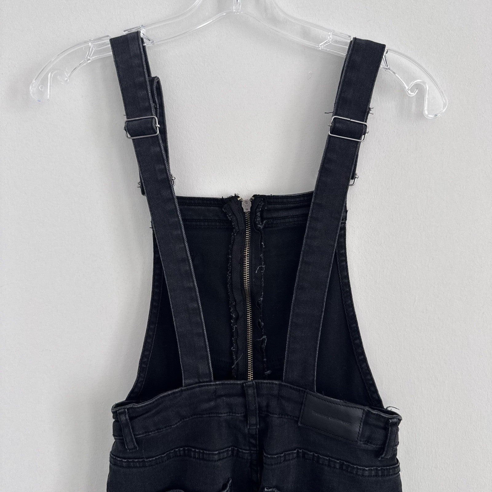 ZARA Trafaluc Black Denim Overalls XS Zip Front Raw Hem Cropped