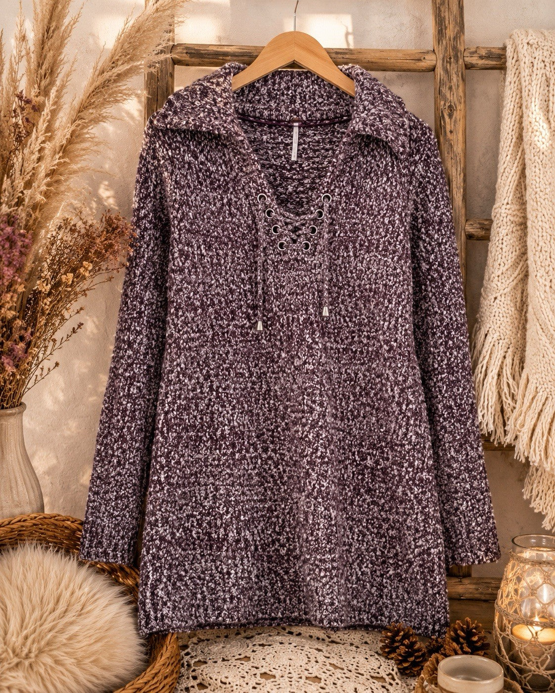 NWT Free People Sweater Dress Large Boucle Lace Up Tunic Boho Cozy Purple Women