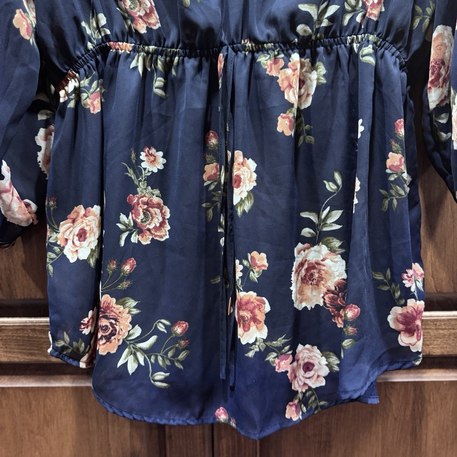 J for Justify Navy Floral V-Neck Blouse Tunic Top XL Gold Zippers Polyester