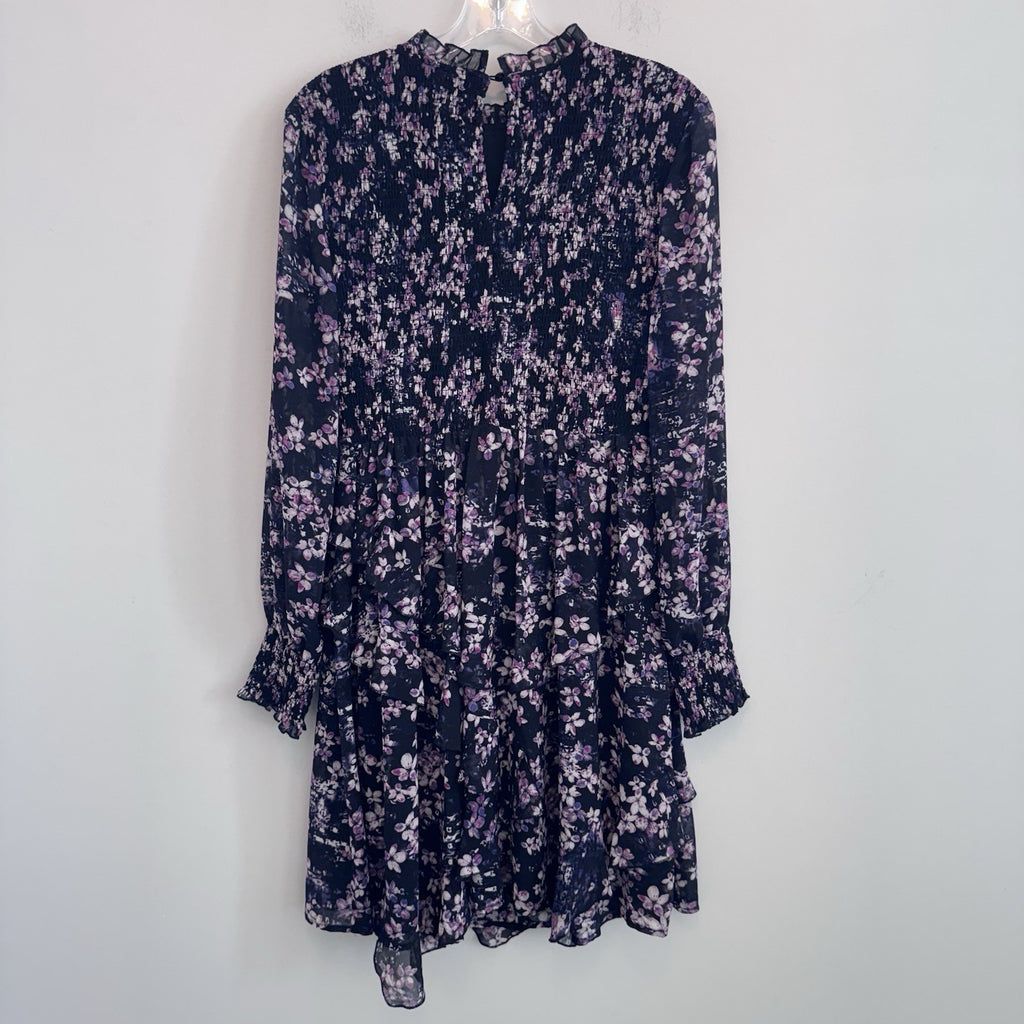 EST. 1946 Women’s Floral Smocked Ruffle Dress Black Purple Size S Lined CATOS