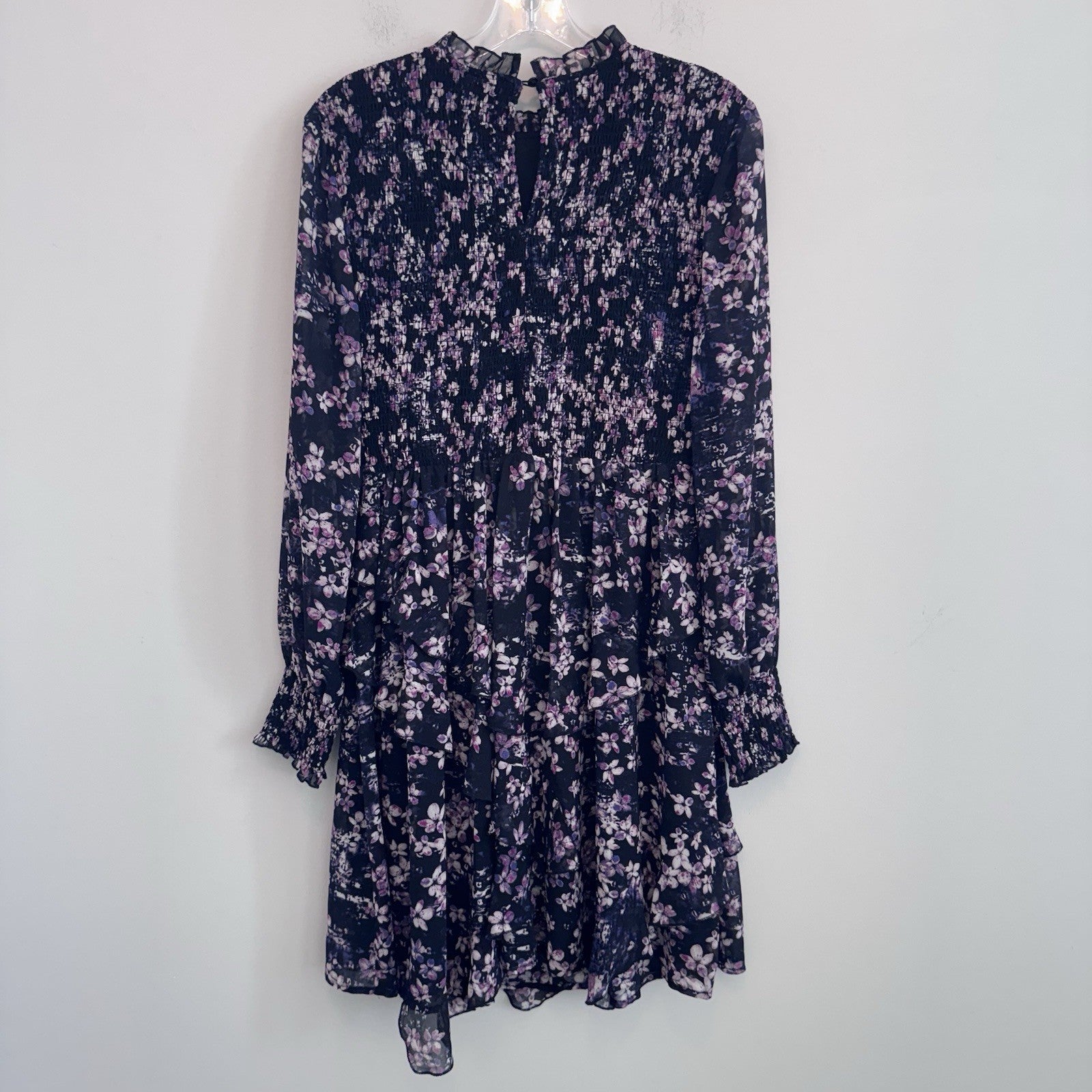 EST. 1946 Women’s Floral Smocked Ruffle Dress Black Purple Size S Lined CATOS