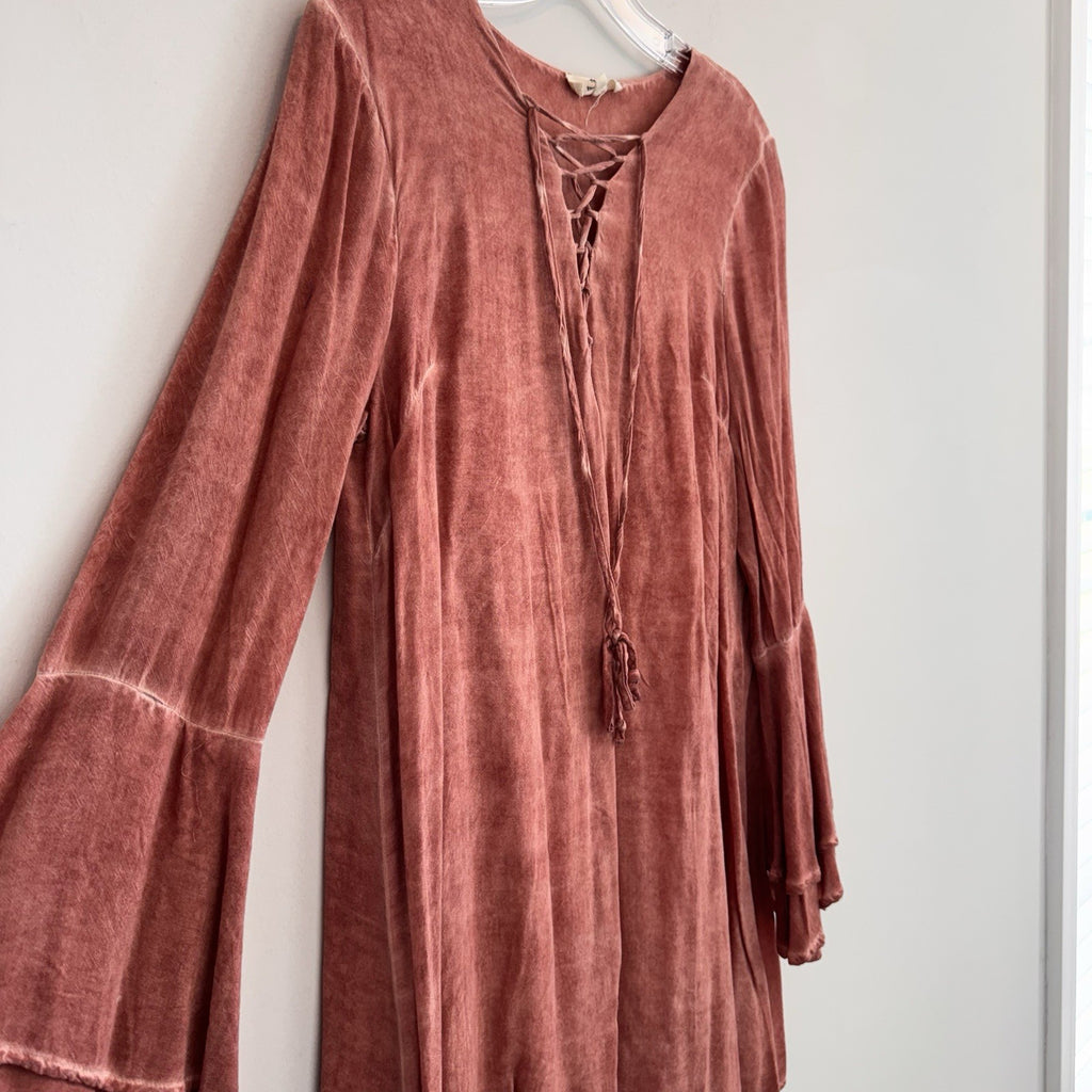 Entro Women’s Medium Rust Bell Sleeve Lace Up Boho Mini Dress Peasant Tunic