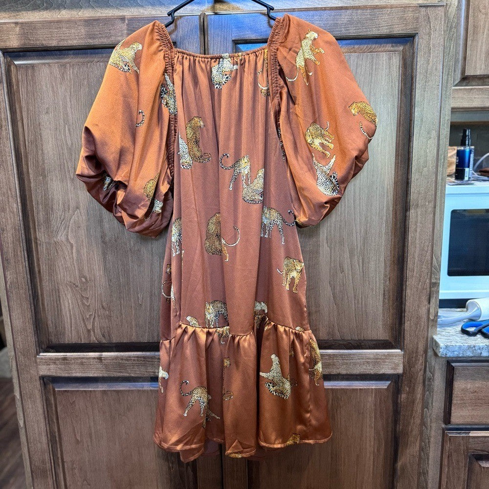 Entro Cheetah Print Puff Sleeve Tiered Mini Dress | Size Small