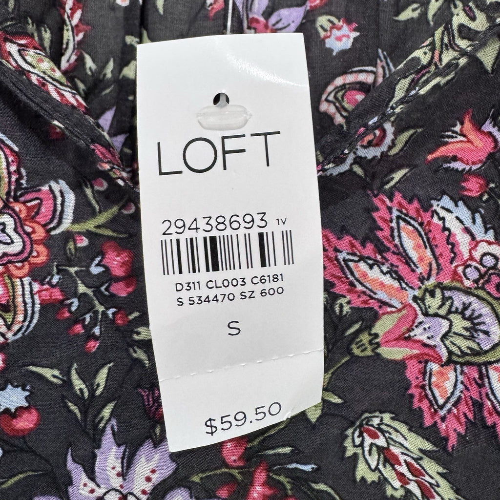 LOFT Floral Long Sleeve Ruffle Blouse Black Pink Purple Top Size Small NWT