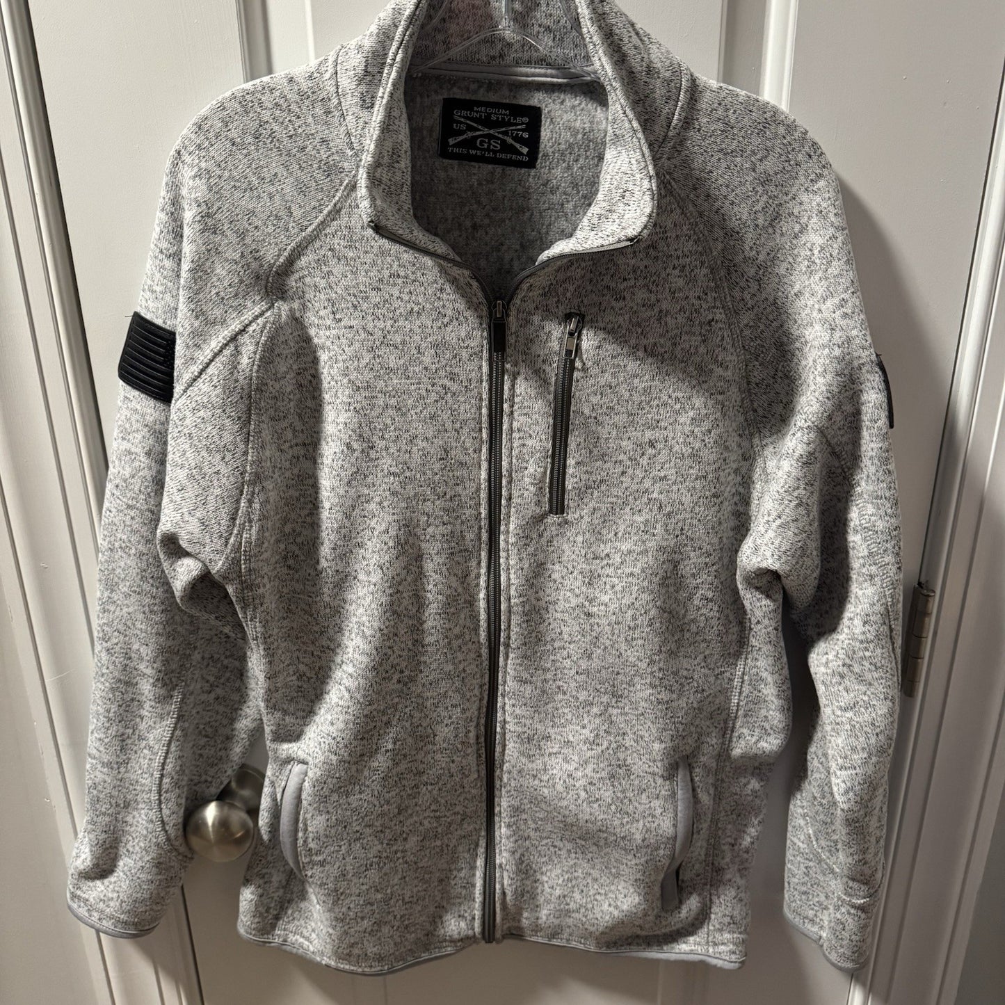 Grunt Style Mens Full Zip Fleece Jacket Heathered Gray Patch Detail Size Medium