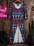 Hot Kiss Maxi Dress Large Boho Aztec Tribal Print Side Slit 3/4 Sleeve