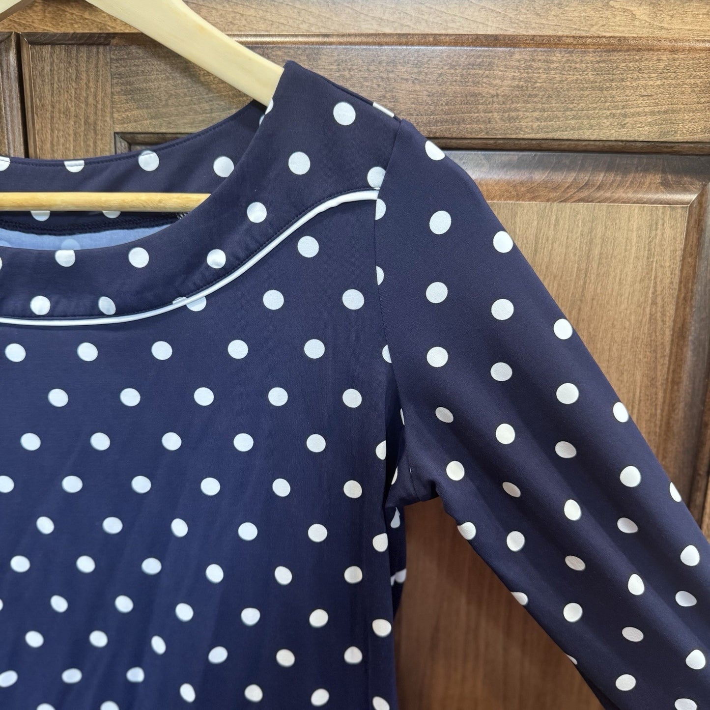 Lands End Dress Womens Small Blue Polka Dot 3/4 Sleeve Stretch Knee Length-1478*