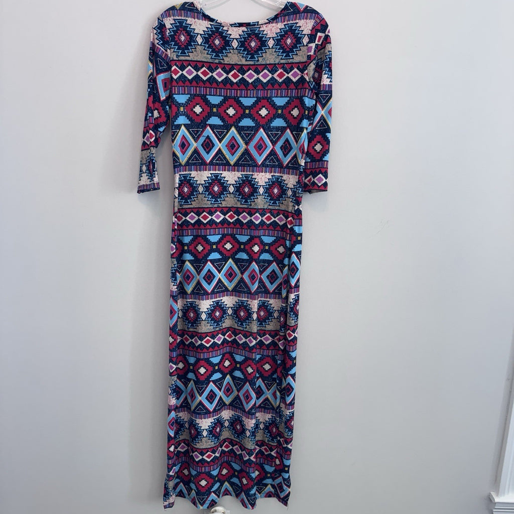 Hot Kiss Maxi Dress Large Boho Aztec Tribal Print Side Slit 3/4 Sleeve