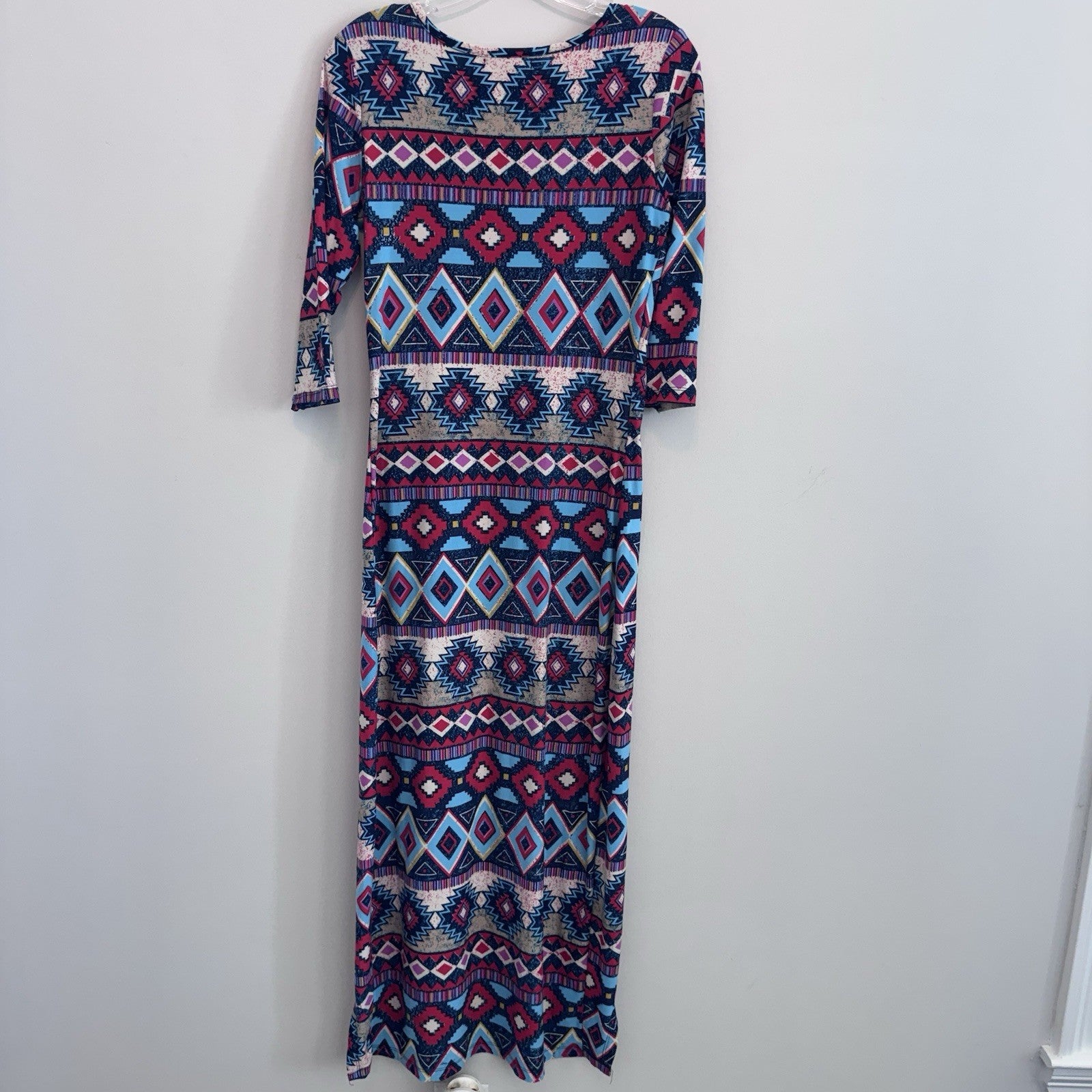 Hot Kiss Maxi Dress Large Boho Aztec Tribal Print Side Slit 3/4 Sleeve