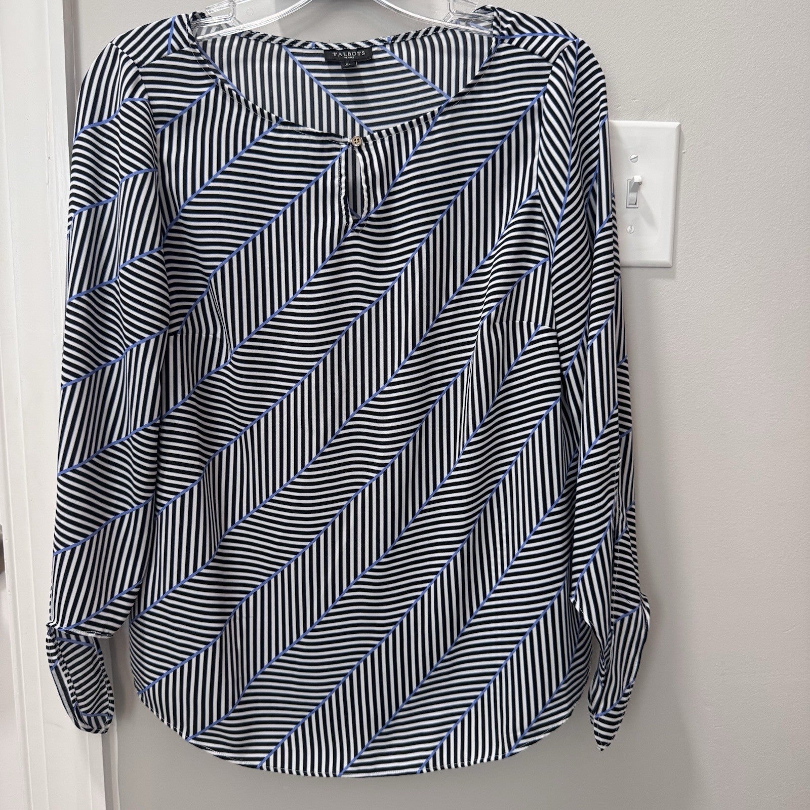 Talbots Petites Small Blouse Black White Stripe Geometric Long Sleeve Top