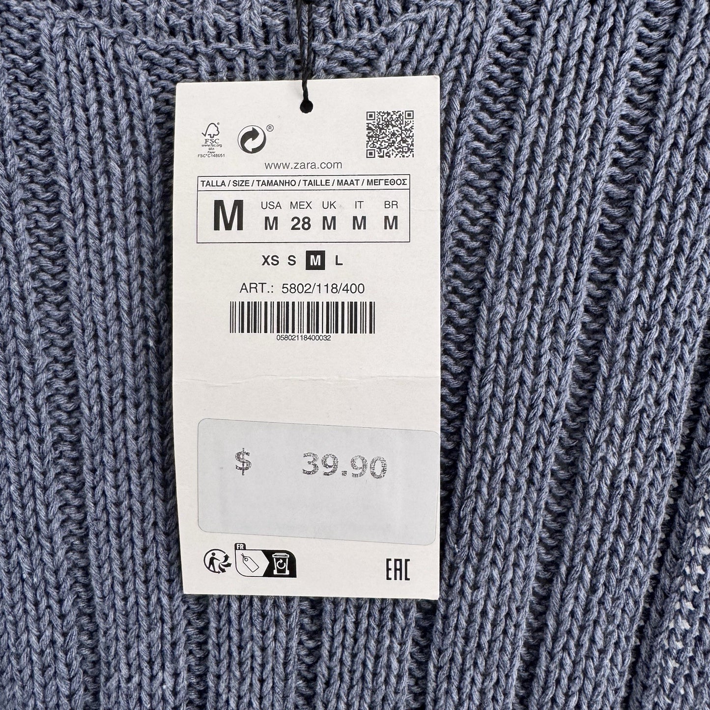 Zara Knit Tie Back Sweater Blue Gray Colorblock Long Sleeve Size M NWT 