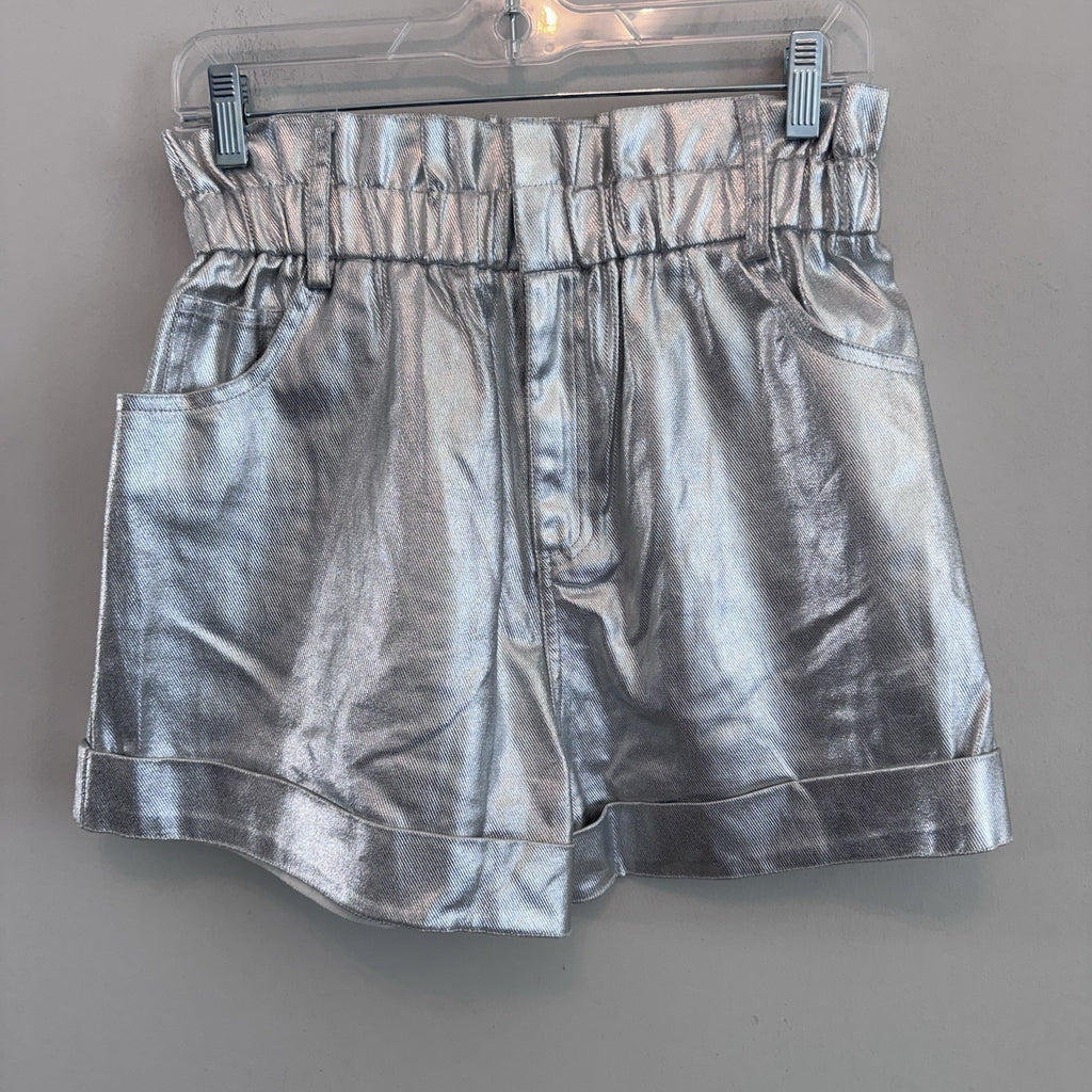 Silver Metallic Paperbag Shorts Women’s Medium Shiny Festival Y2K Trend