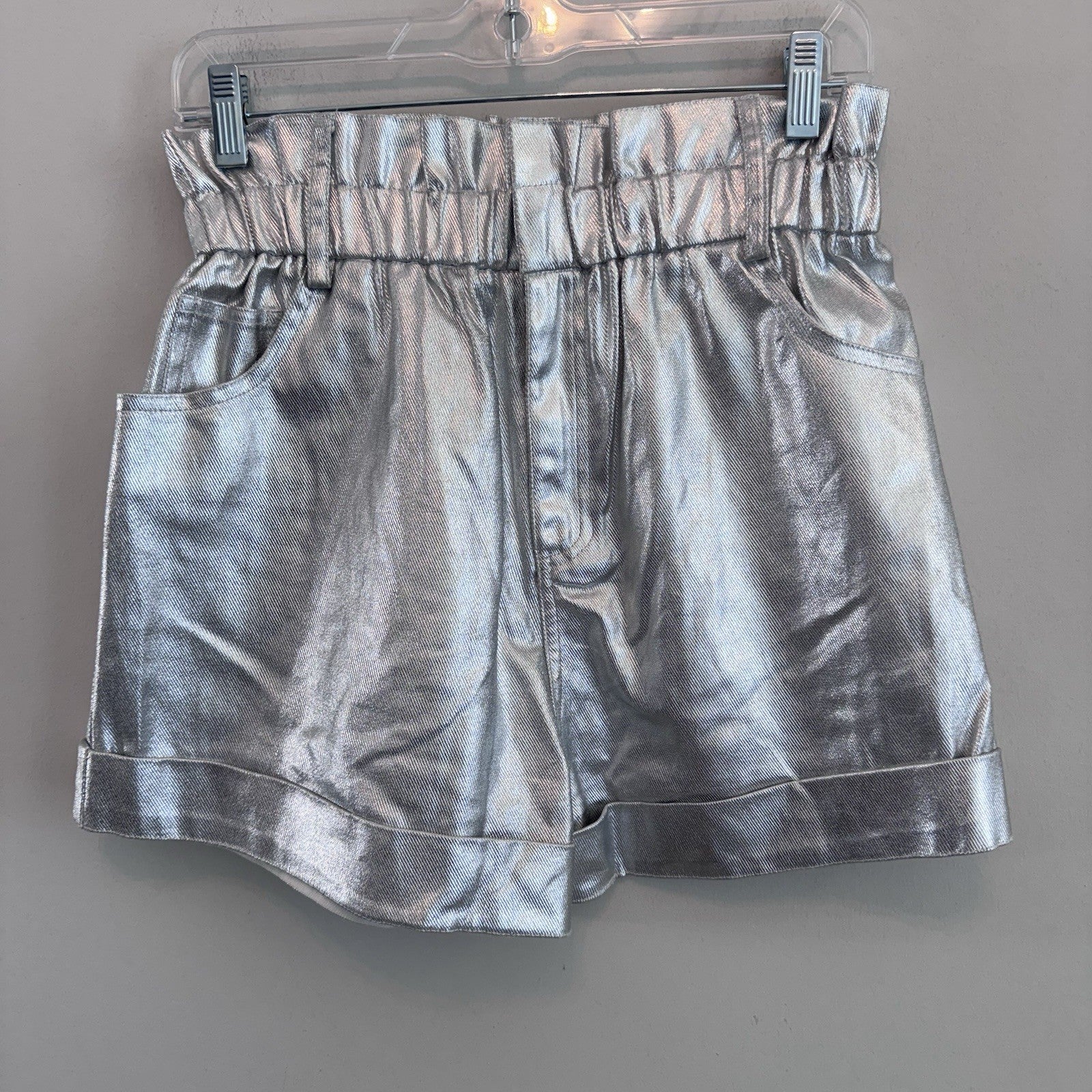 Silver Metallic Paperbag Shorts Women’s Medium Shiny Festival Y2K Trend