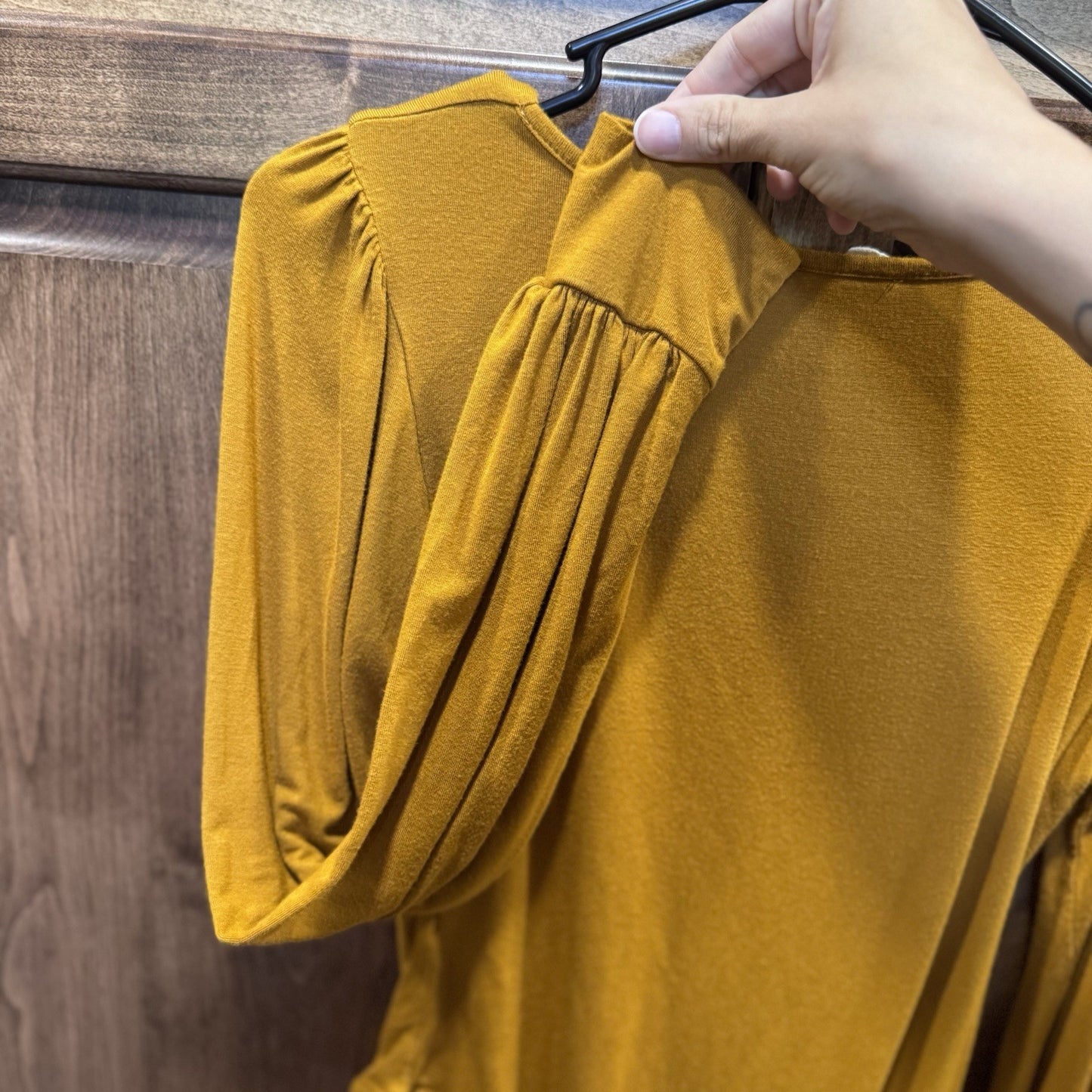 Peach Love California Mustard Yellow Long Sleeve Bodysuit V-Neck Puff Sleeve Sm