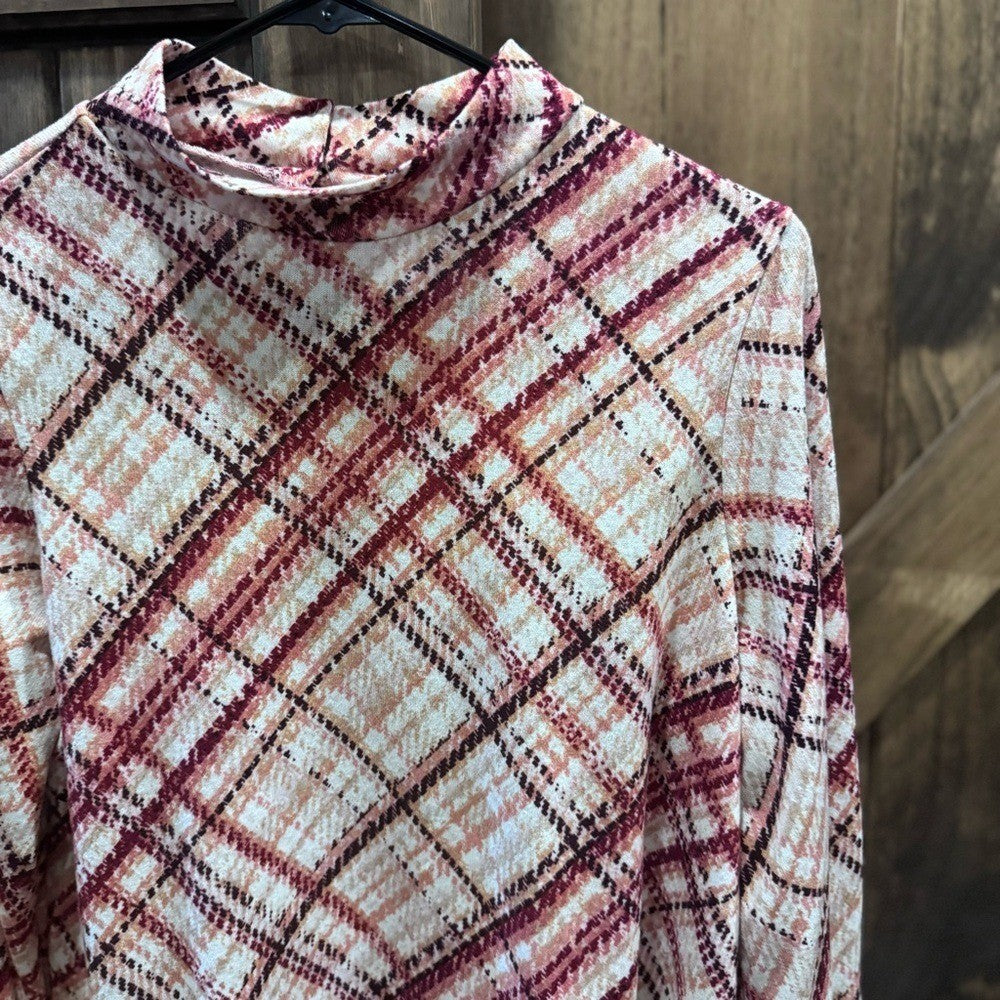 PerSeption Concept Plaid Mock Neck Long Sleeve Blouse | Size L