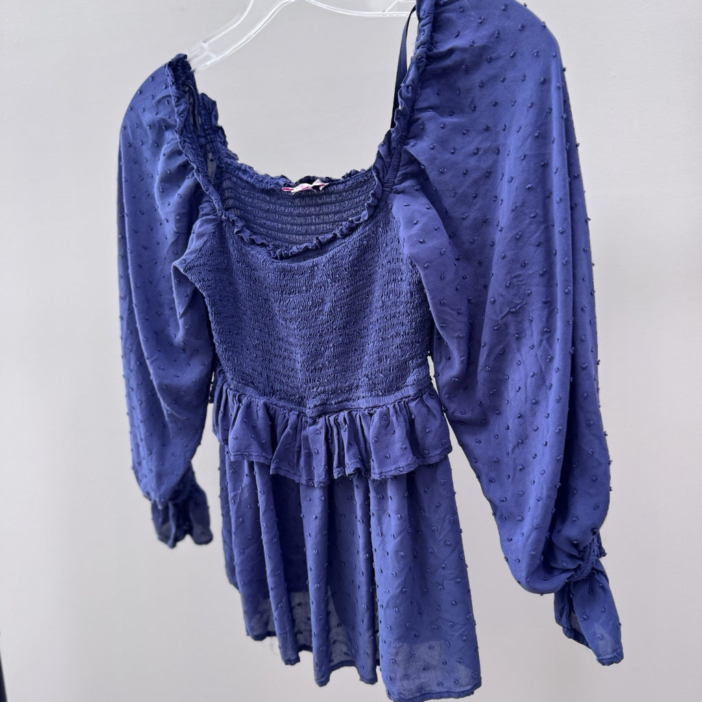 Pink Lily Navy Swiss Dot Top S Long Sleeve Smocked Peplum Ruffle Blouse