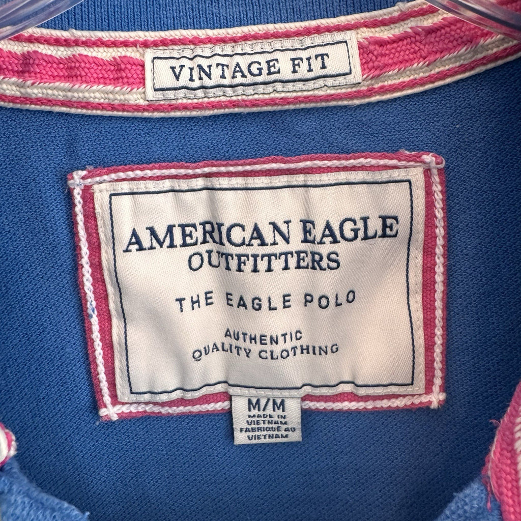 American Eagle Men's Medium Vintage Fit Polo Shirt Blue Pink Eagle Logo