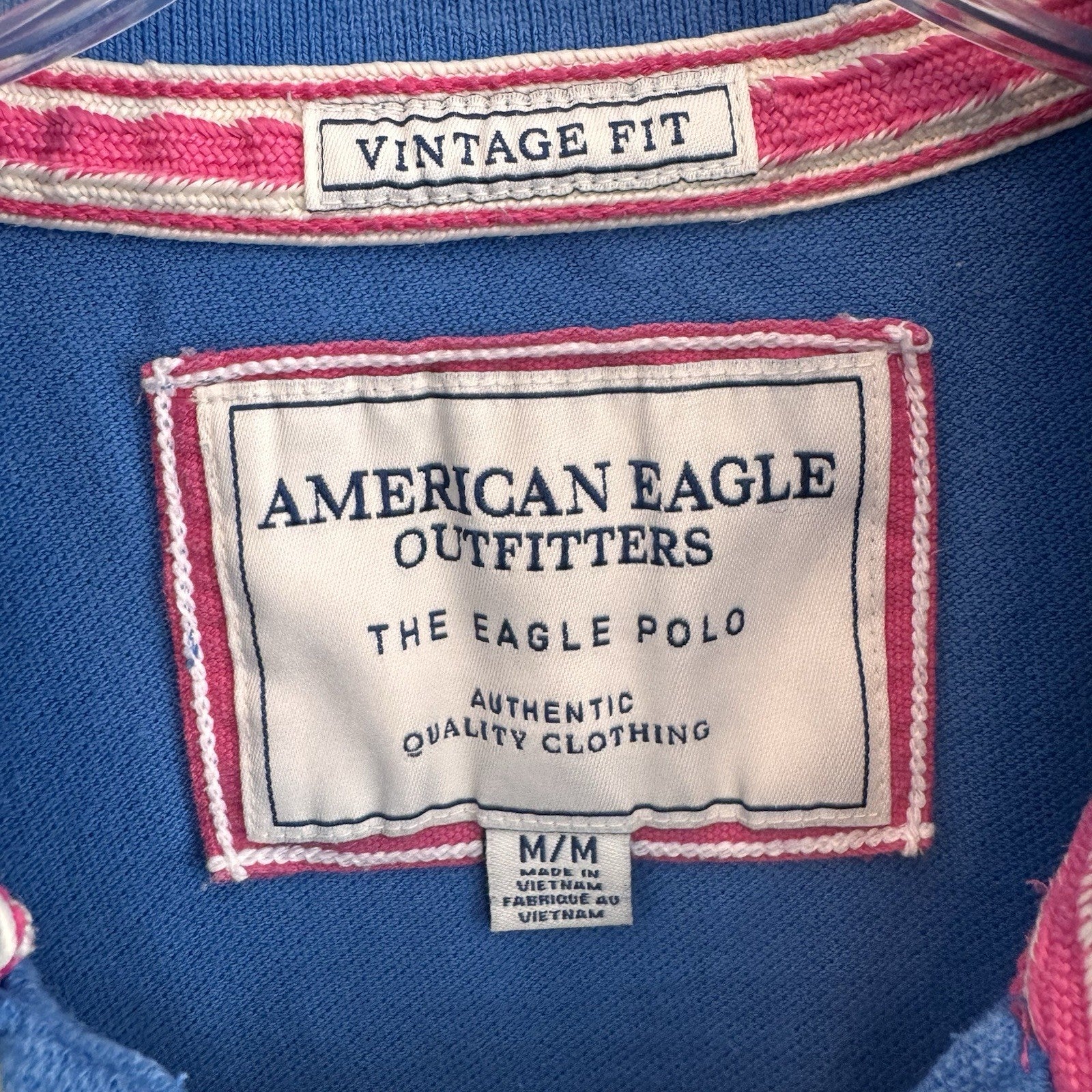 American Eagle Men's Medium Vintage Fit Polo Shirt Blue Pink Eagle Logo