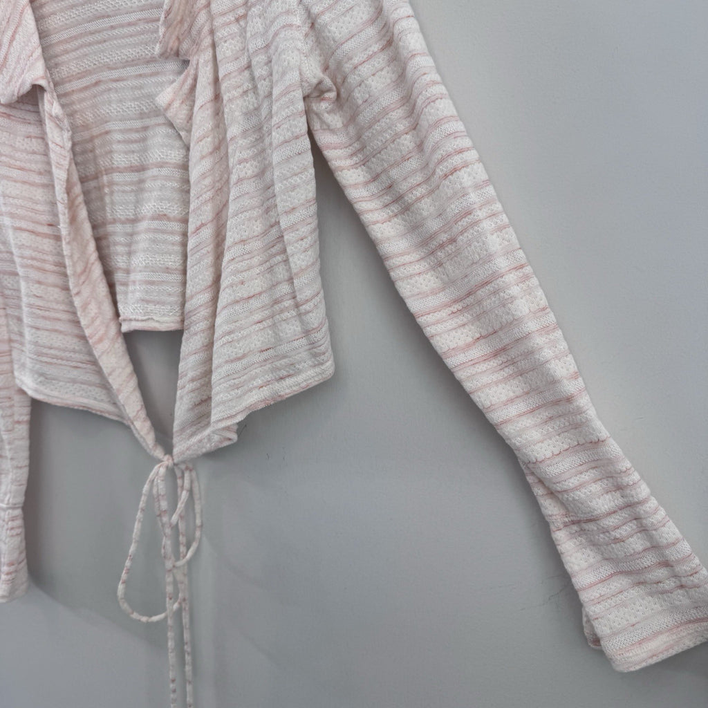 Free People XS Pink Ivory Open Front Tie Cardigan Knit Boho Sweater