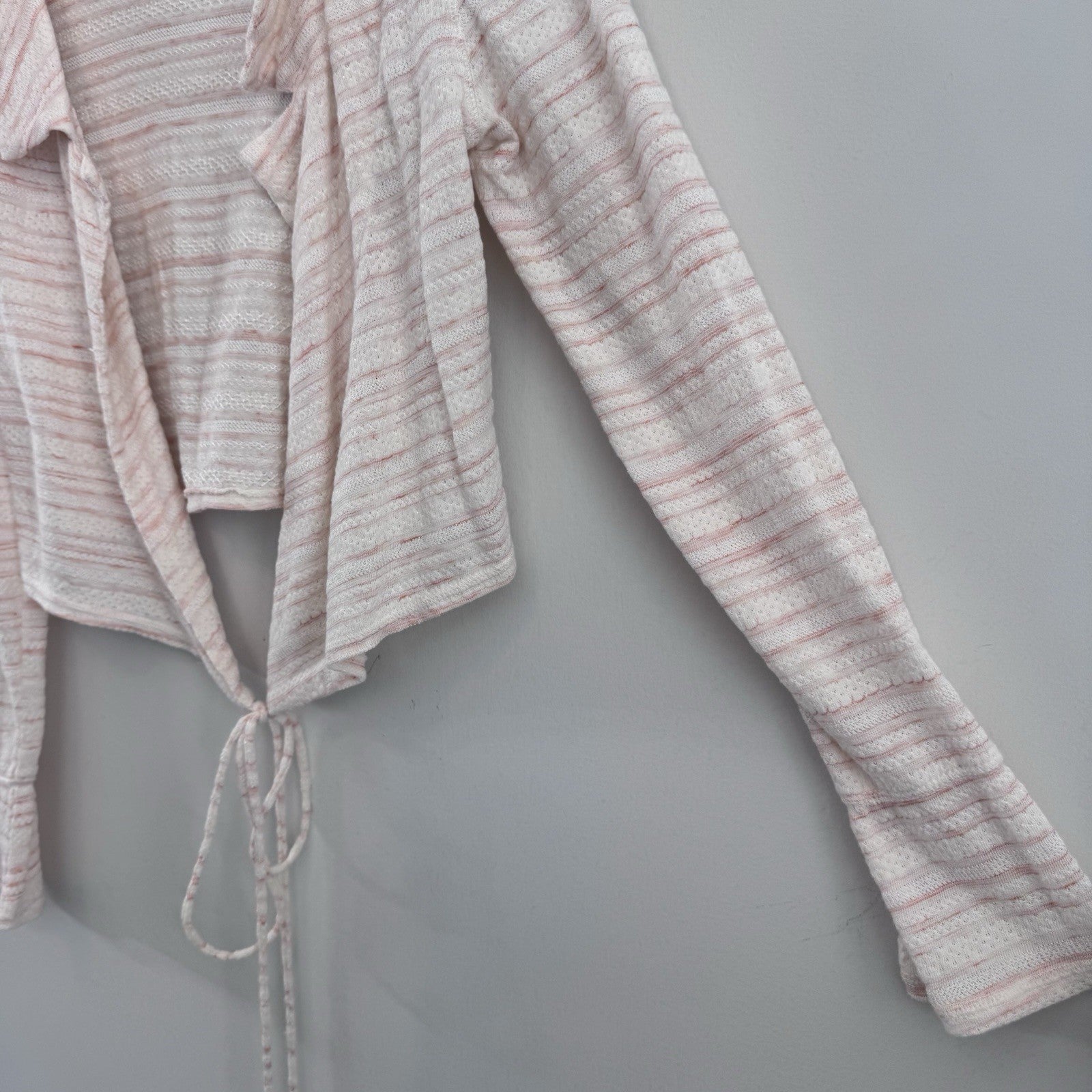 Free People XS Pink Ivory Open Front Tie Cardigan Knit Boho Sweater