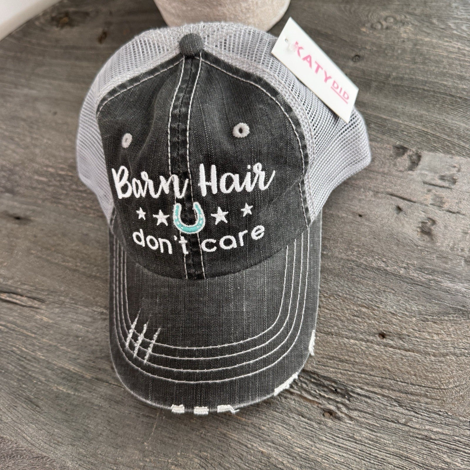 Katydid Barn Hair Don’t Care Hat Western Trucker Distressed Gray Mesh Cap Bout