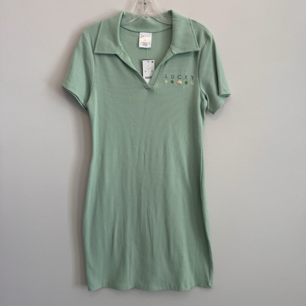 Zoe + Liv Lucky Green Polo Dress L St Patrick’s Day Ribbed  Dress NWT Women’s