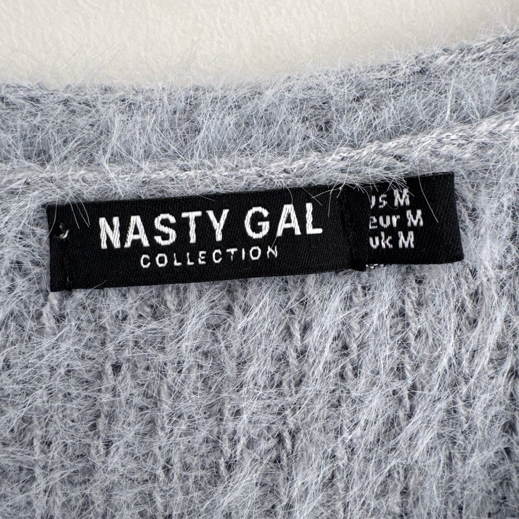 Nasty Gal Y2K Fuzzy Knit Cropped Cardigan Gray V Neck Button M