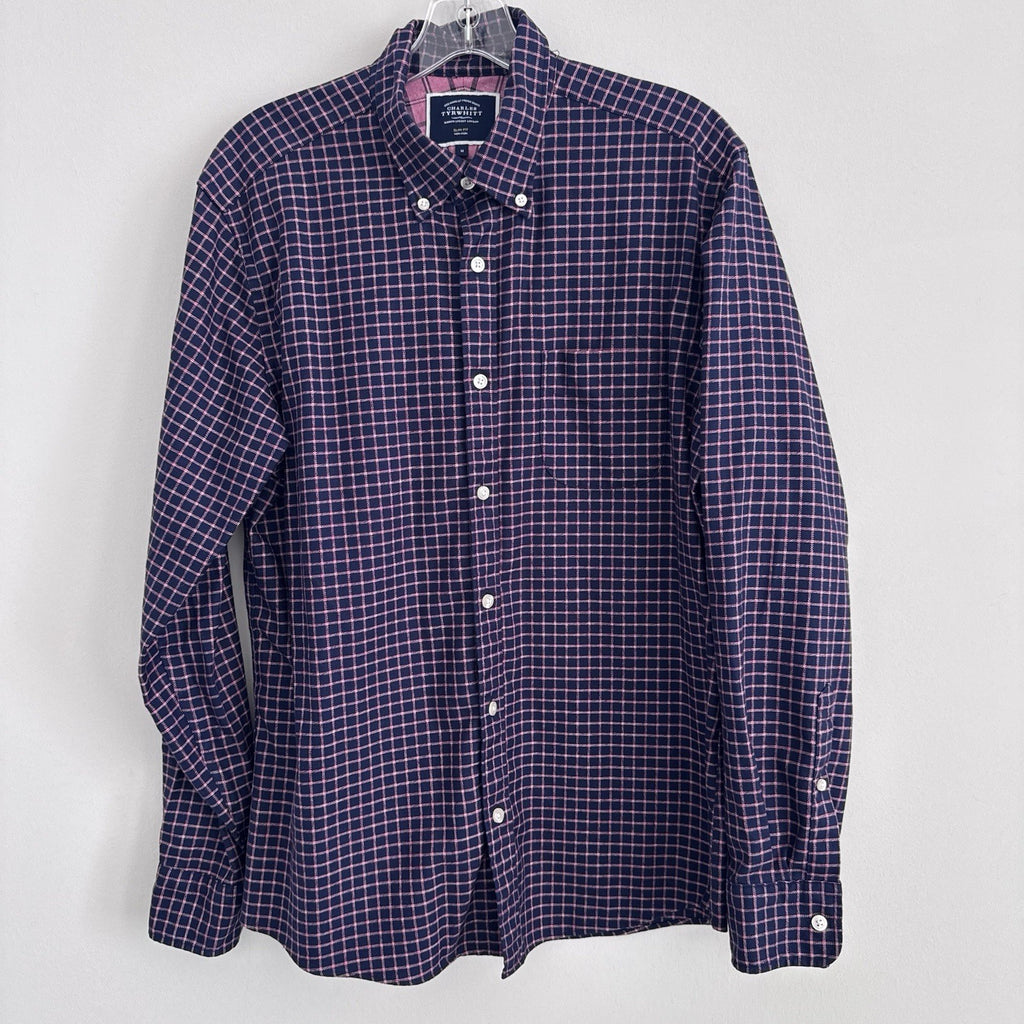 Charles Tyrwhitt Slim Fit Non-Iron Shirt Mens M Blue Pink Check Cotton 
