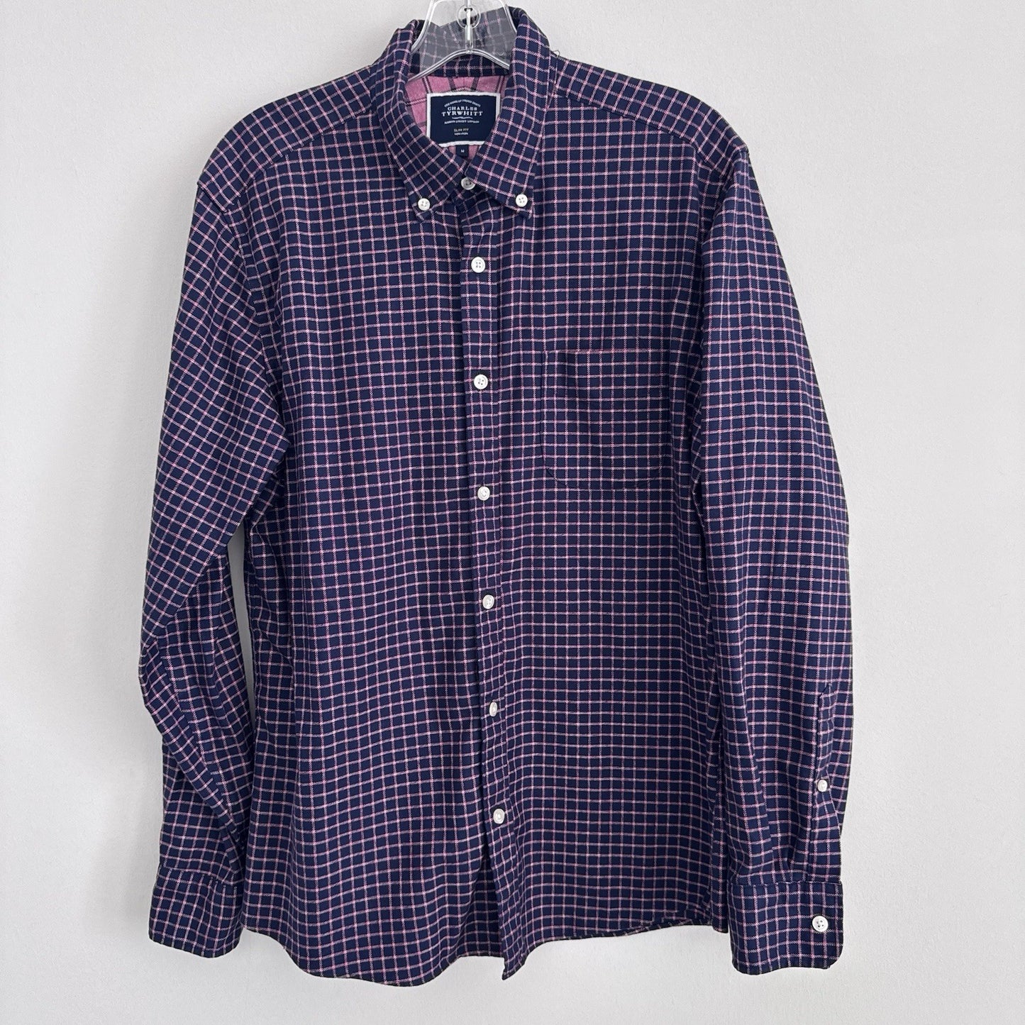 Charles Tyrwhitt Slim Fit Non-Iron Shirt Mens M Blue Pink Check Cotton 