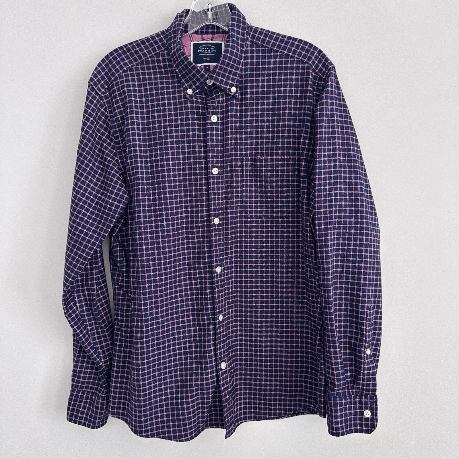 Charles Tyrwhitt Slim Fit Non-Iron Shirt Mens M Blue Pink Check Cotton 
