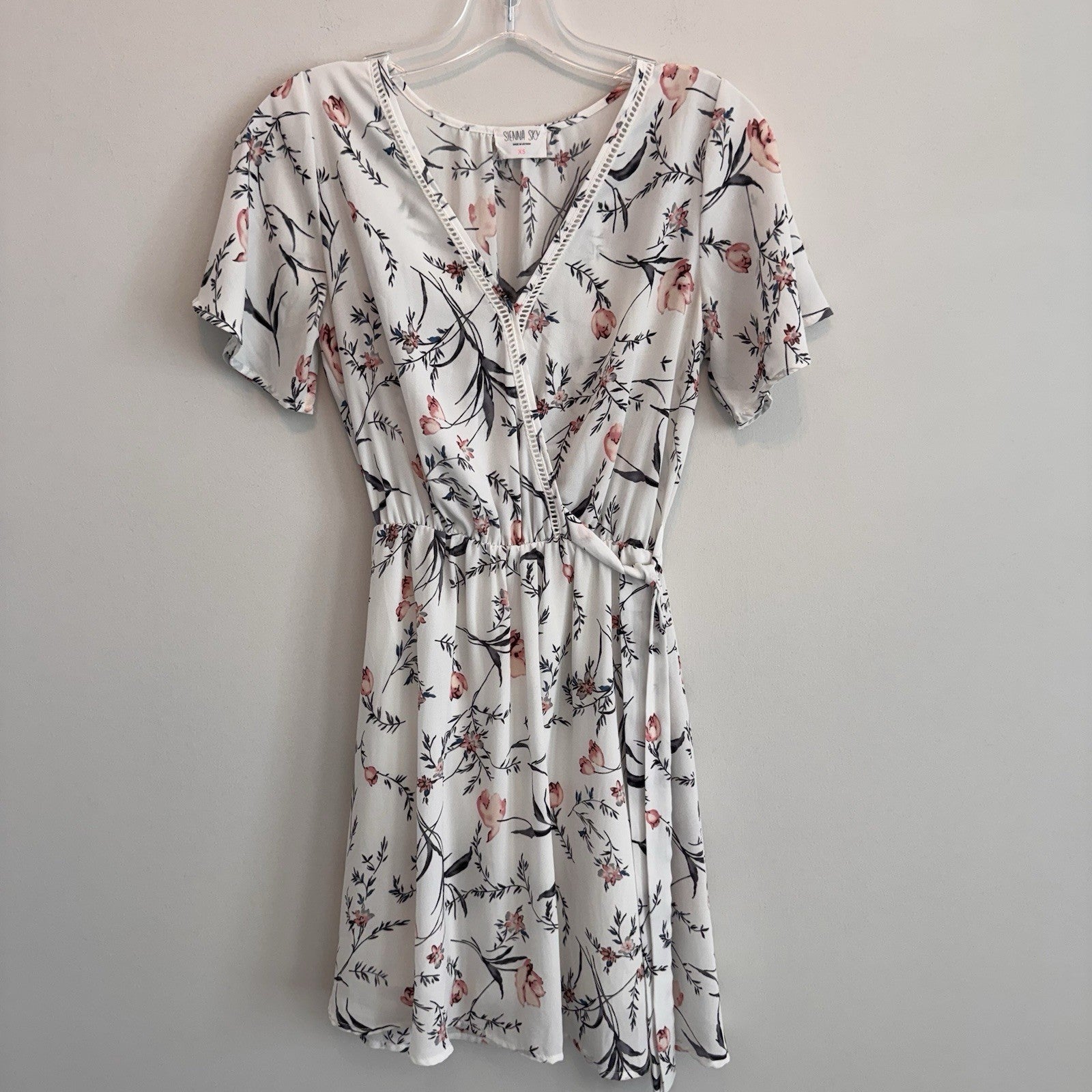 Sienna Sky Floral Wrap Dress XS White Pink Boho Summer Mini Women’s Boutique