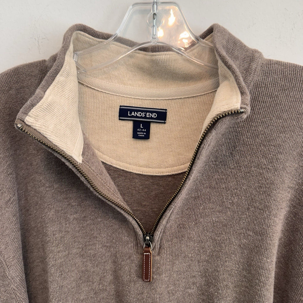 Lands' End Men’s Large Brown Drifter Quarter Zip Cotton Sweater Mock Neck