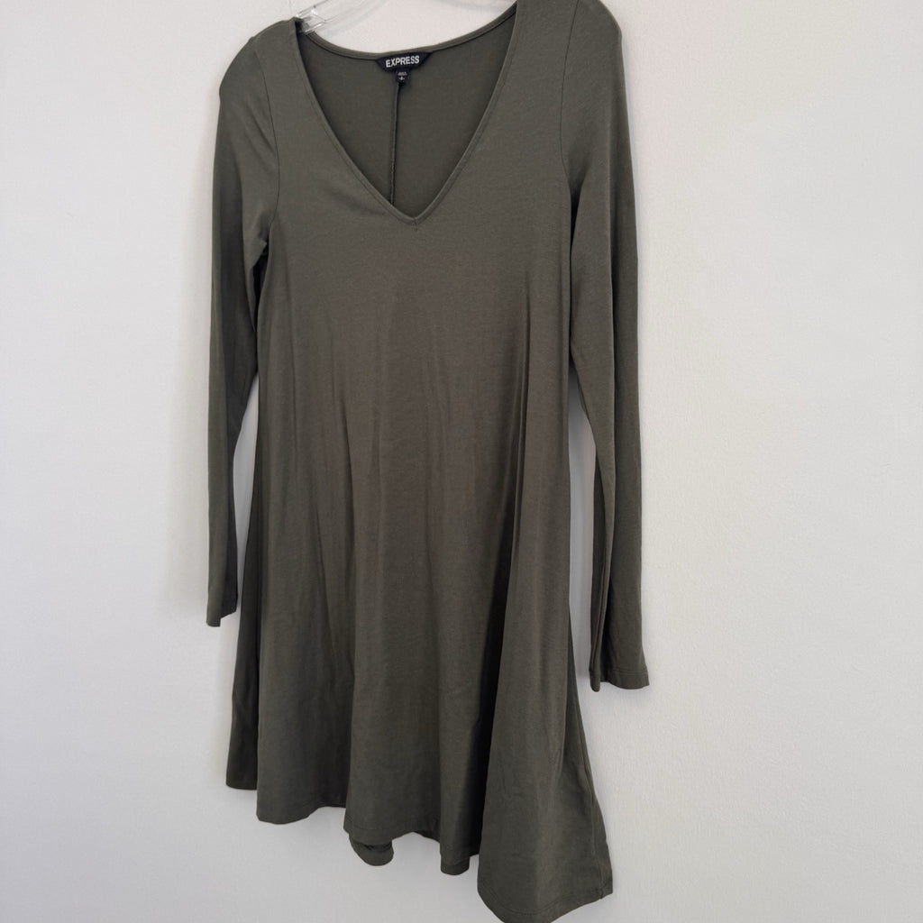 Express Olive Green Long Sleeve V-Neck Women's Casual Shift Dress Small