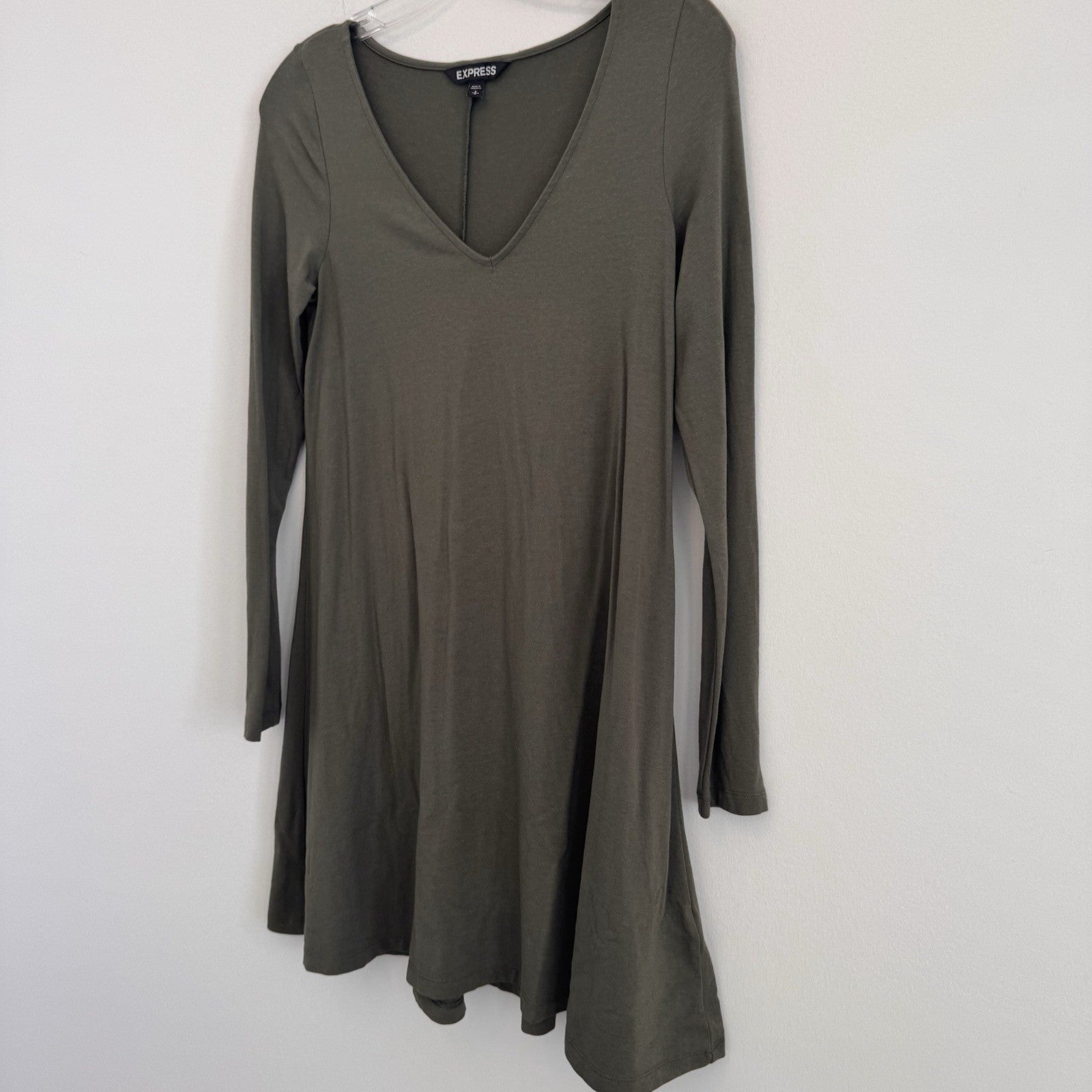 Express Olive Green Long Sleeve V-Neck Women's Casual Shift Dress Small