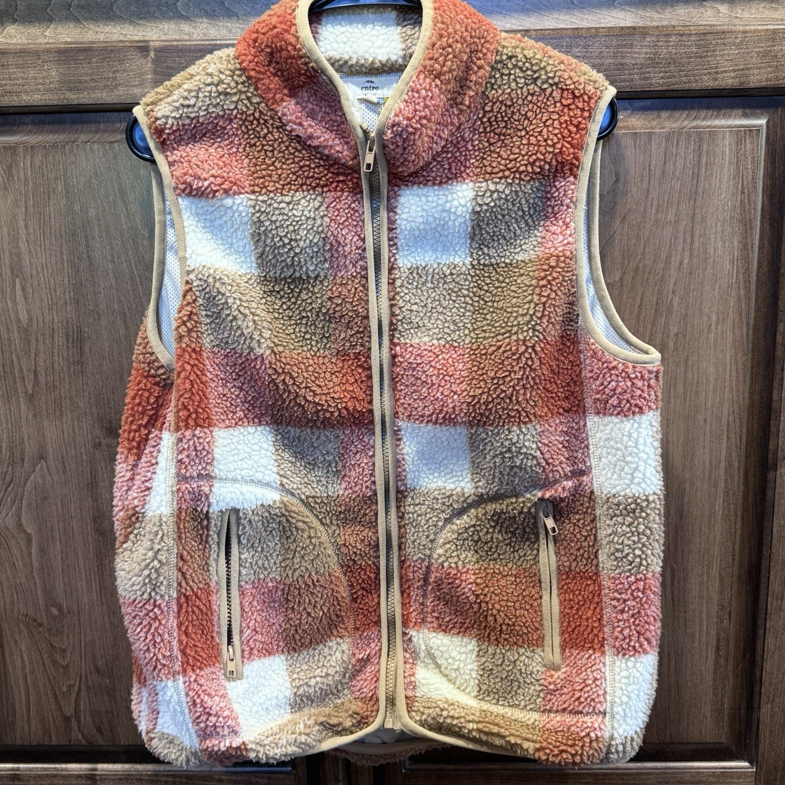 ENTRO Womens L Vest Red Plaid Zip Up Sleeveless Fleece Lined Pockets