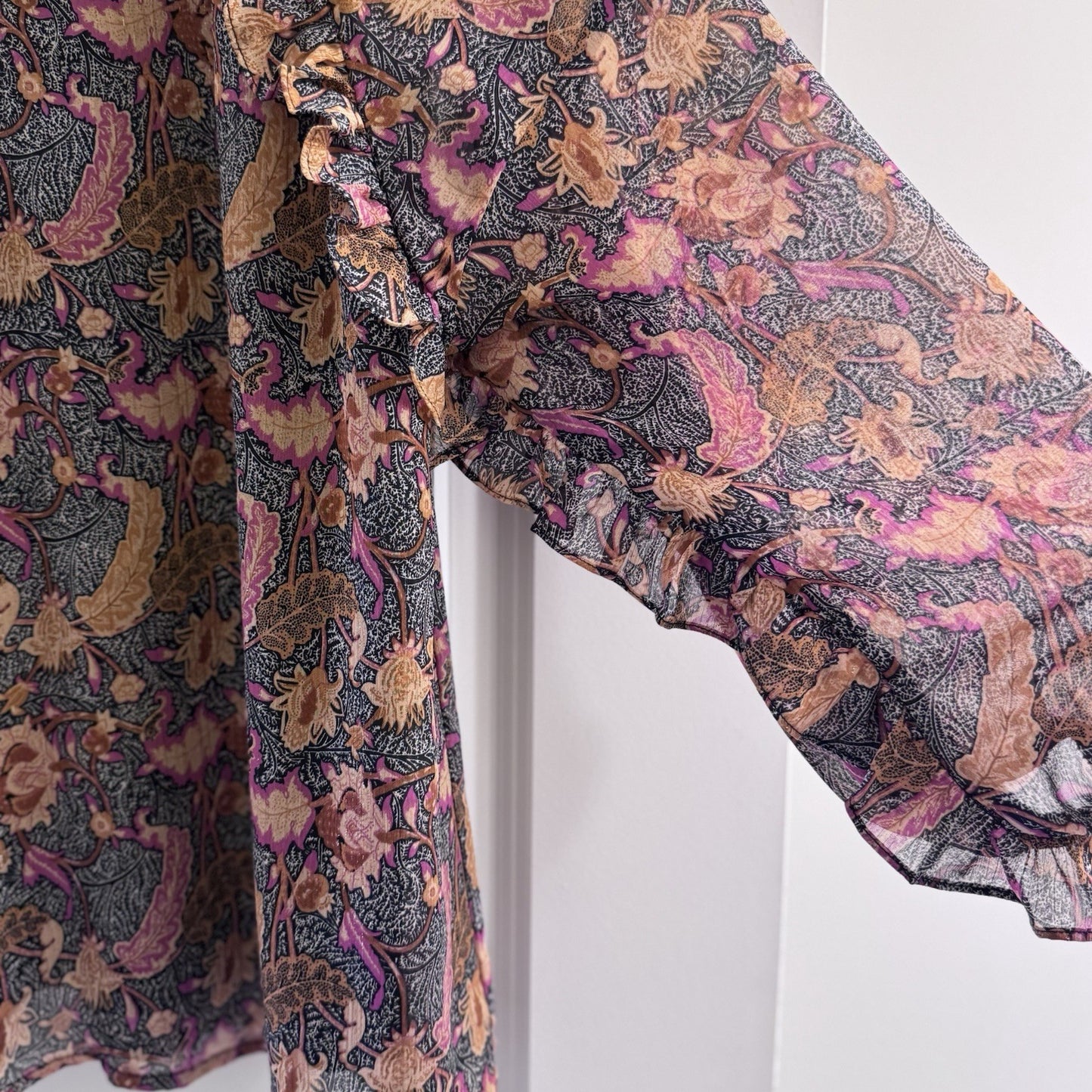 Entro Floral Ruffle Blouse Large Boho Sheer Long Sleeve Top Lined