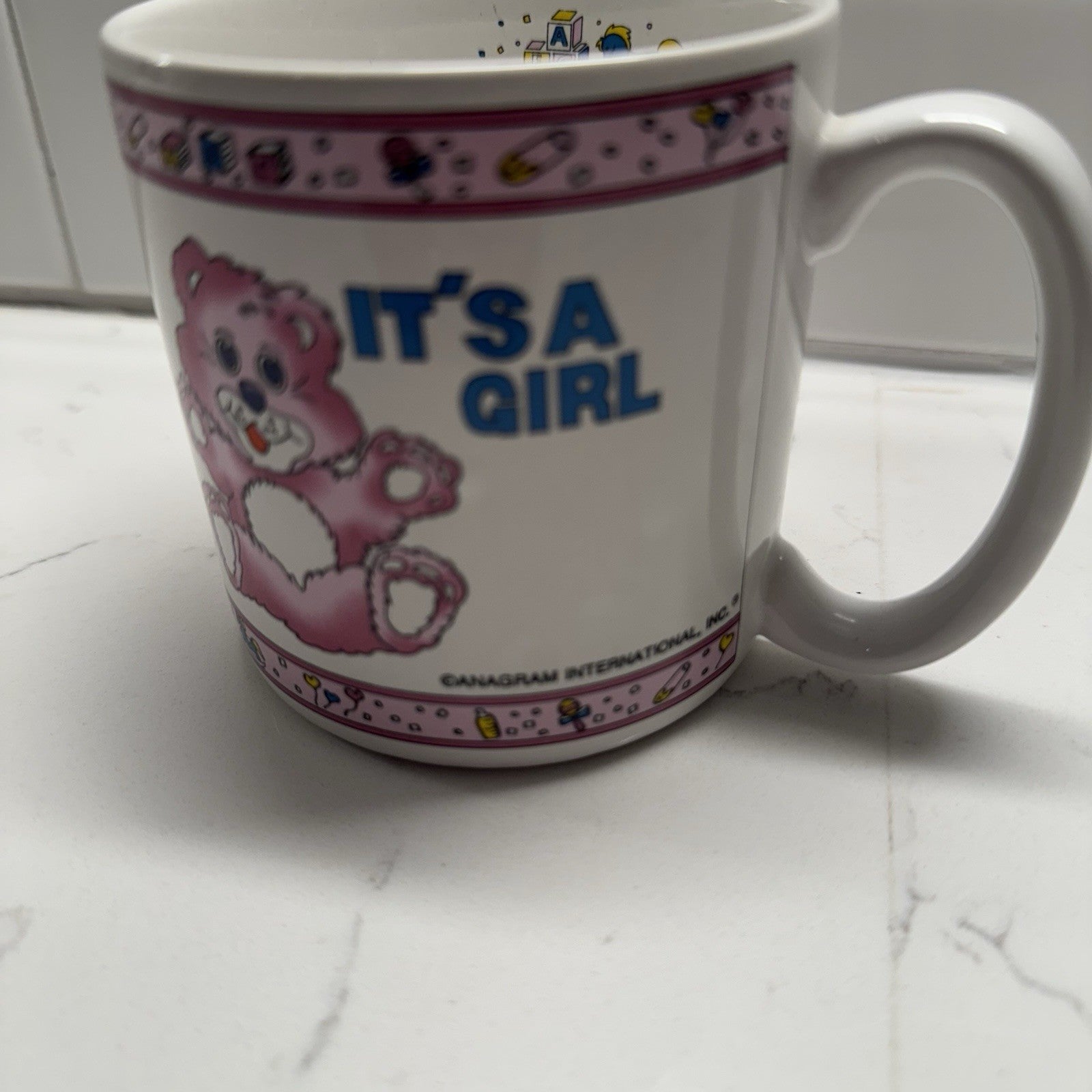 Vintage Coffee Mug - Its a Girl - Teddy Bear Pink/White 80s/90s Rare