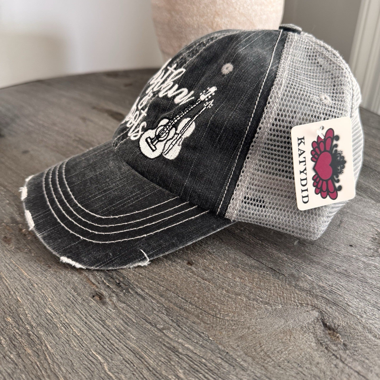 Katydid Rhythm & Roots Guitar Trucker Hat Distressed Black NWT  Boutique Music
