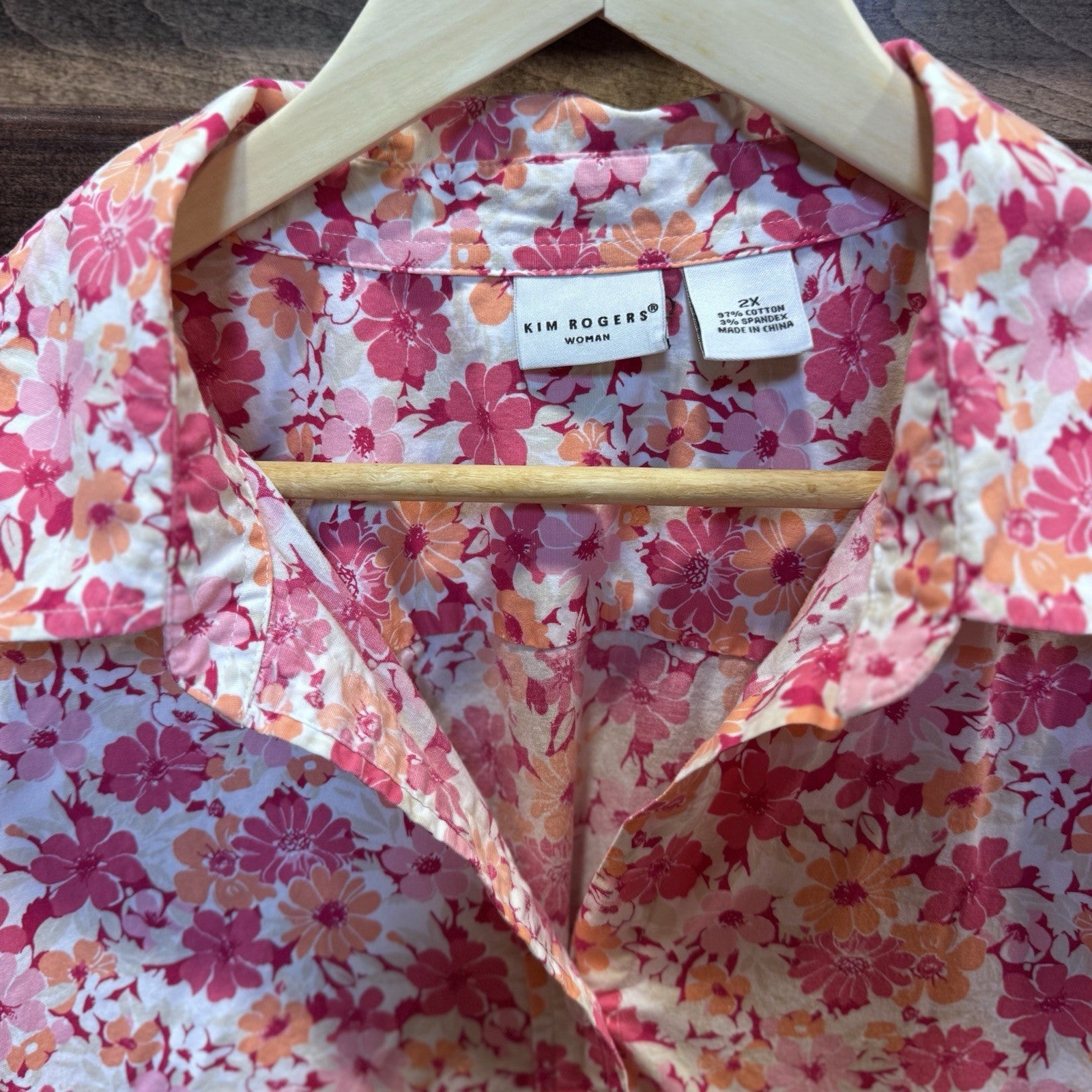 Kim Rogers Woman 2X Floral Button-Up Shirt Pink Orange White Cotton