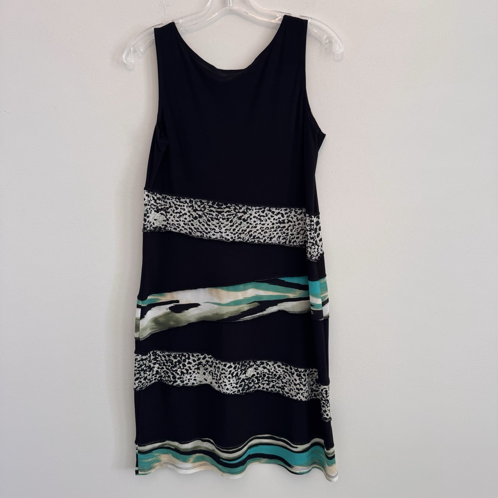 Dressbarn Women 6 Black Shift Dress Leopard Print Teal Tiered Ruffle Sleeveless